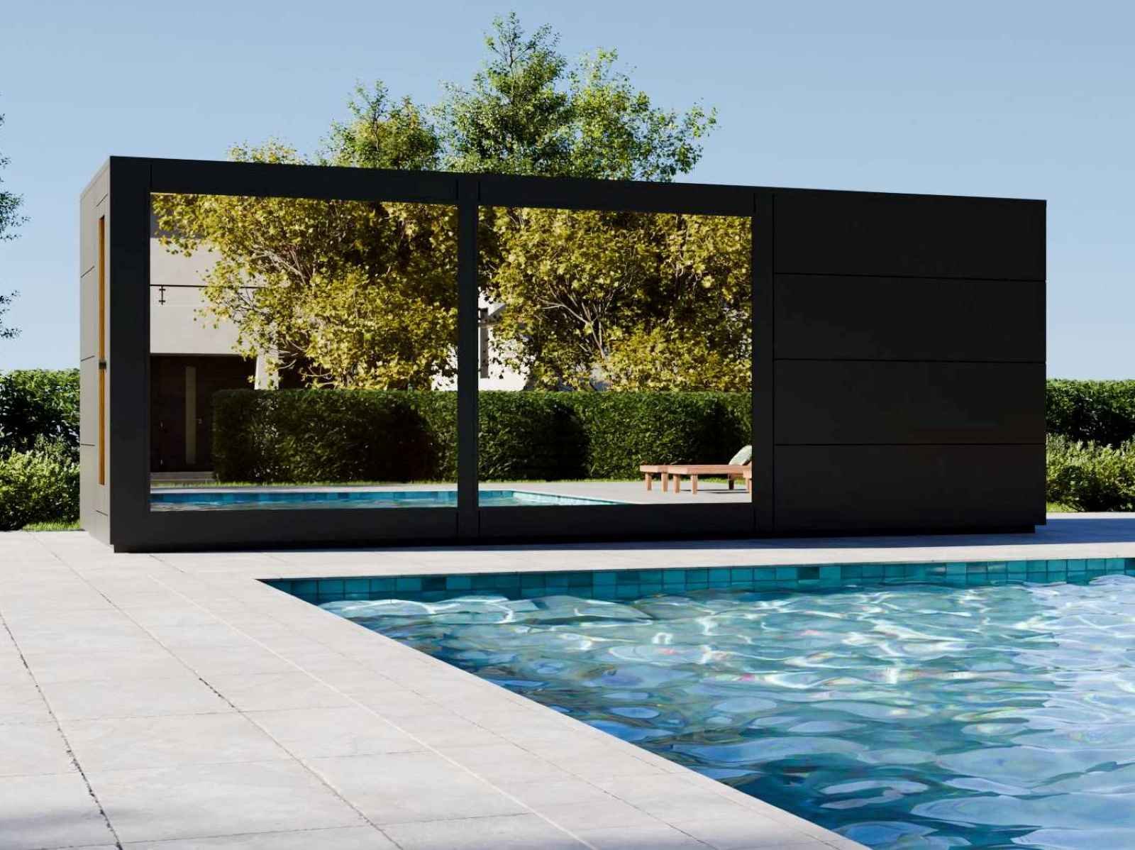 Gartensauna mit Dusche und Ruheraum und Glasfront Holzofen Pool kaufen Komplettset Whirlpool Preis Kosten PanoramafensterHPL Cube Design modern für 2 4 5 6 Personen vormontiert