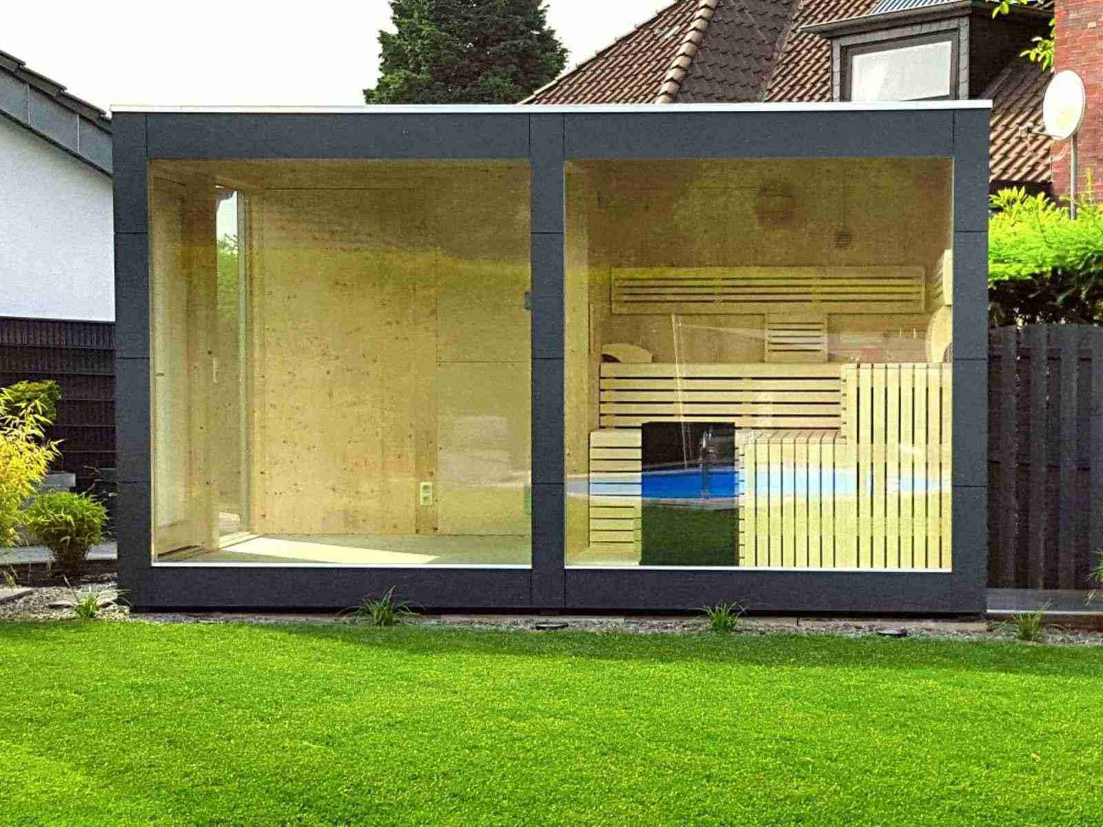 Gartensauna mit Dusche und Ruheraum und Glasfront Holzofen klein kaufen Komplettset Whirlpool Preis Kosten PanoramafensterHPL Cube Design modern für 2 4 5 6 Personen vormontiert