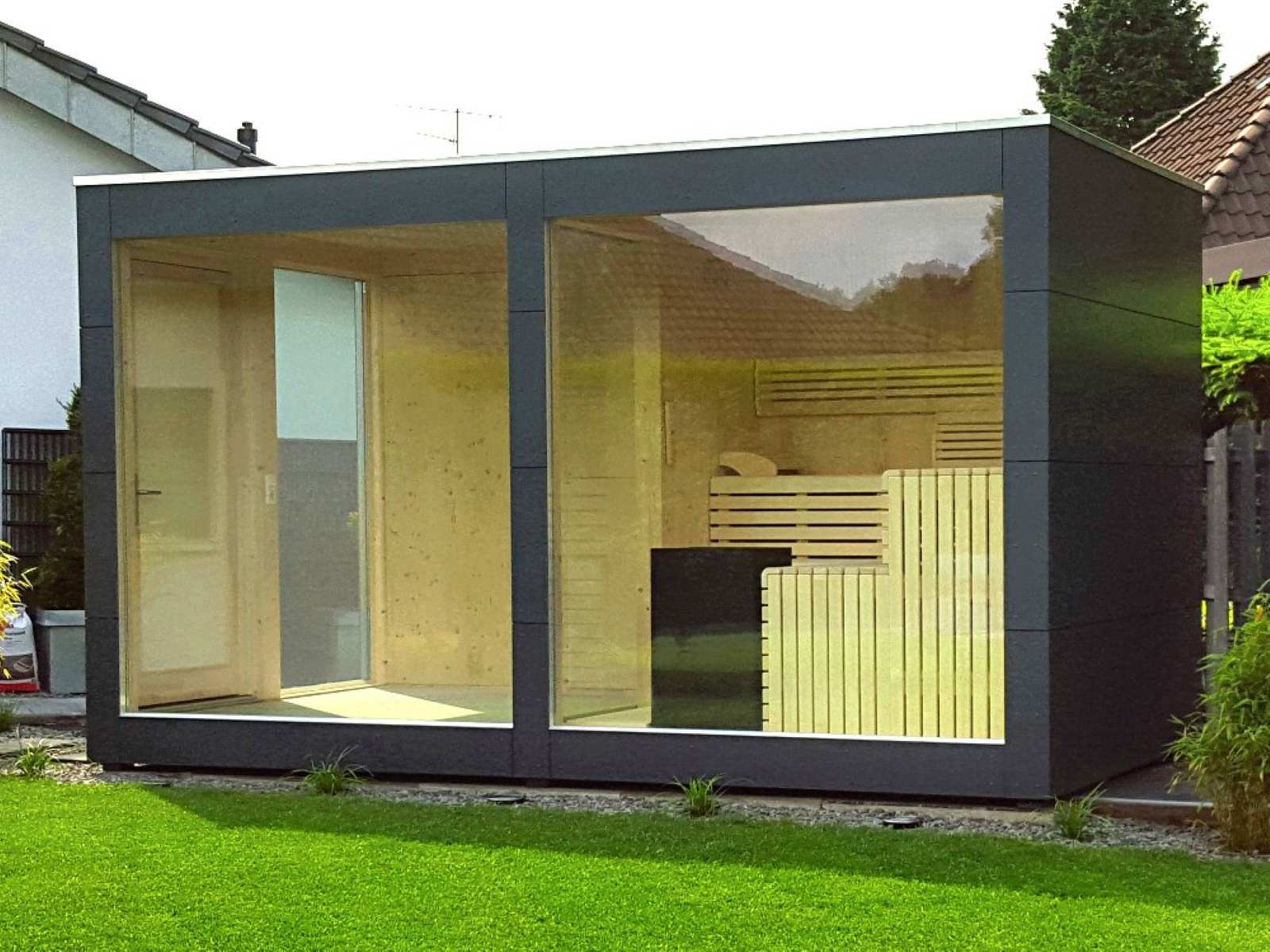 Gartensauna mit Holzofen und Vorraum kaufen Glasfront Komplettset Whirlpool Preis Kosten PanoramafensterHPL Cube Design modern für 2 3 4 5 6 Personen mit Aufbau vormontiert