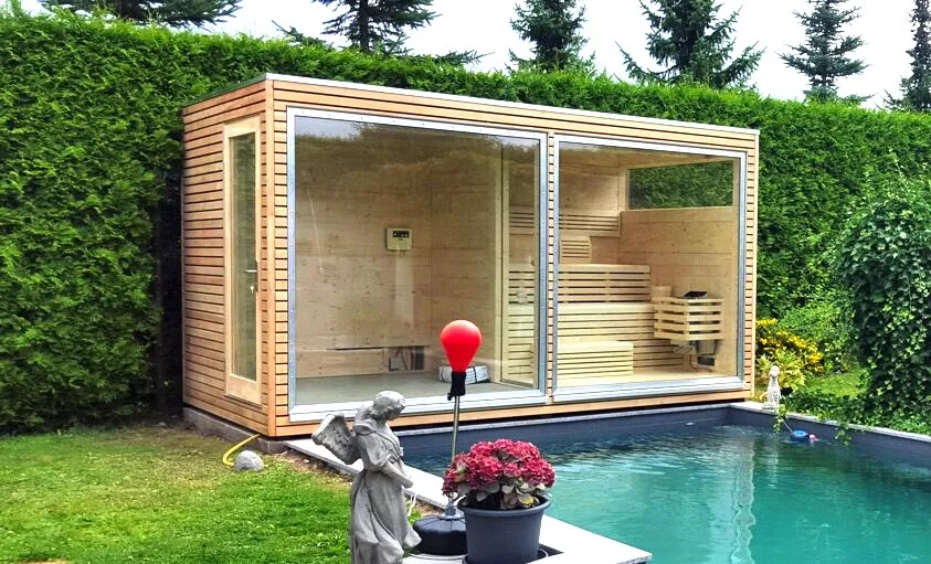 Gartensauna mit Vorraum Ruheraum aus Holz kaufen Saunahaus Aussensauna mit Dusche Holzofen Glasfront Elektroofen 2 bis 4 Personen Design modern Preise Kosten mit Montage