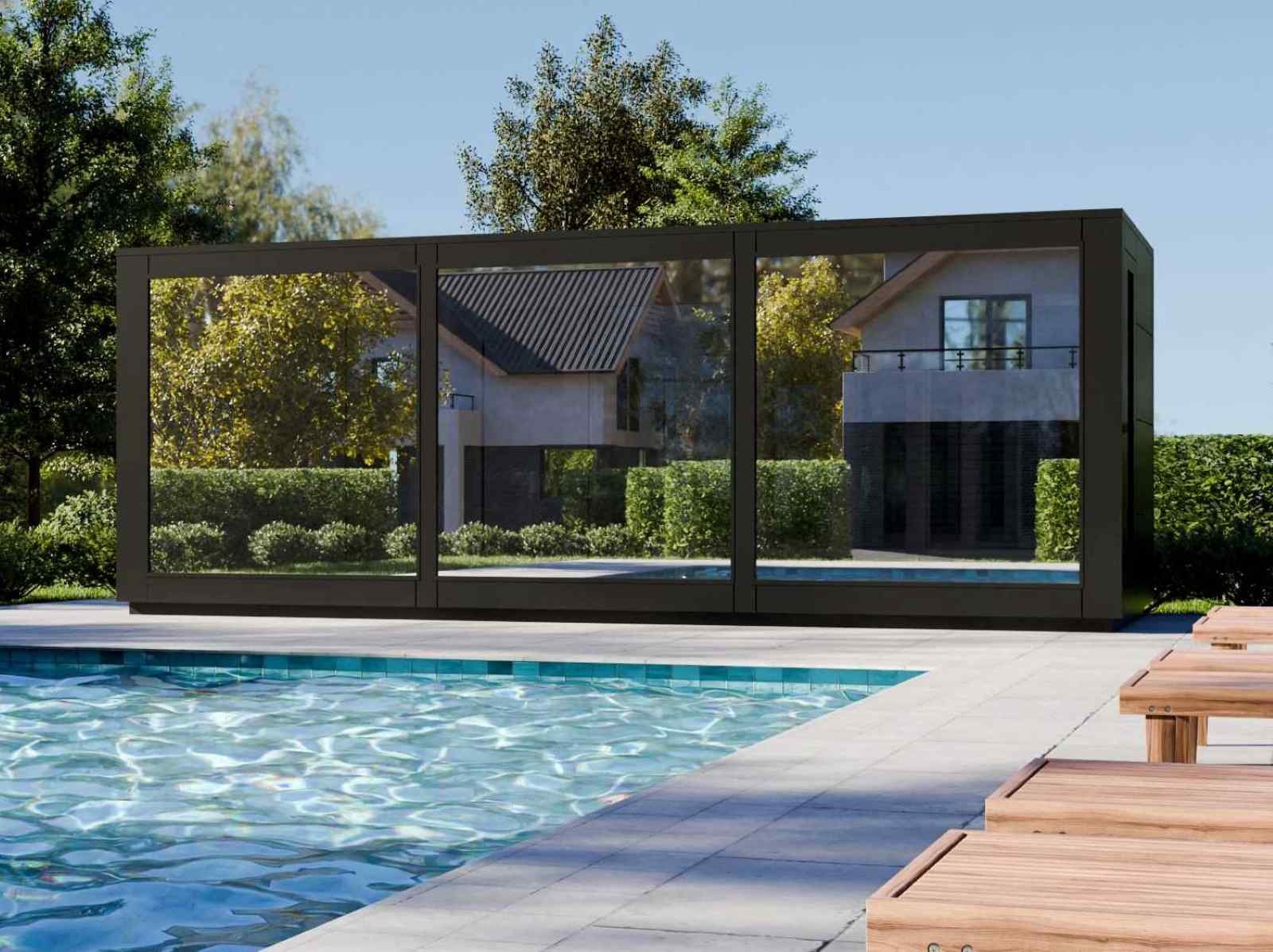 Gartensauna mit Whirlpool Vorraum Dusche Holzofen kaufen modern 2-3-4-5-6 Personen Preis Glasfront Kosten Panoramafenster vormontiert mit Aufbauservice Design