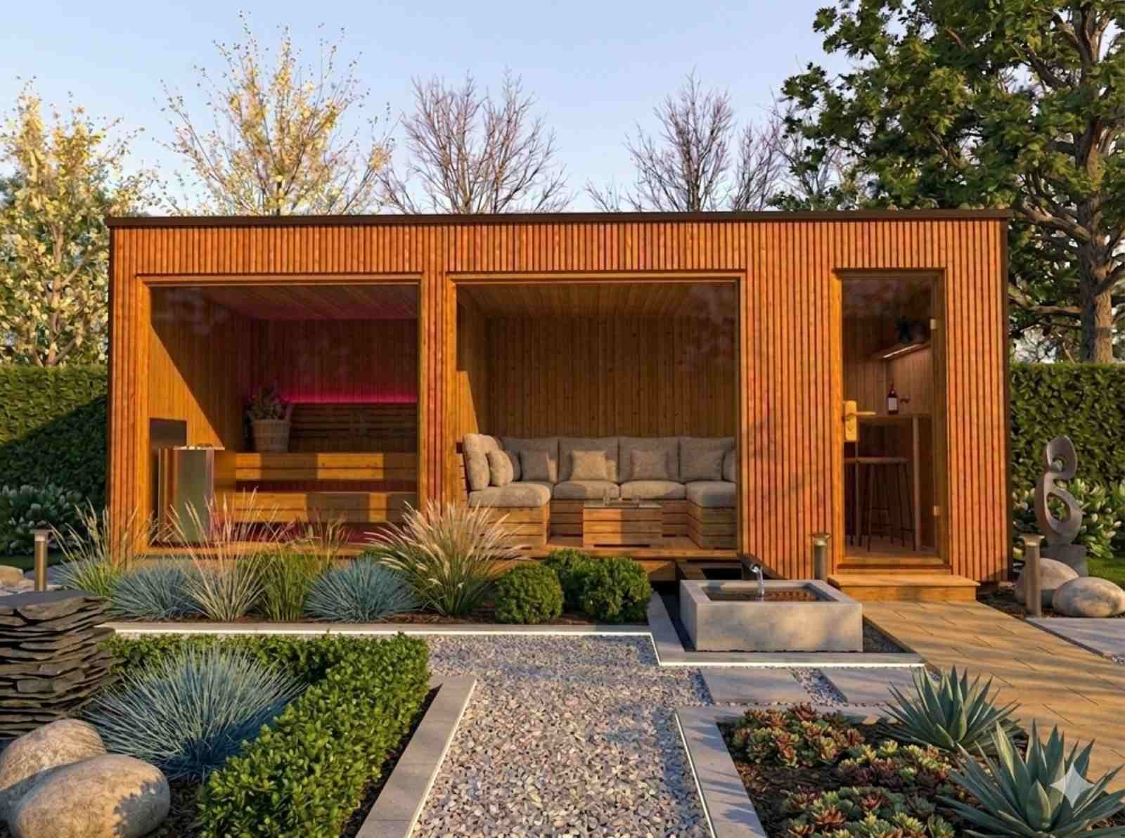 Aussen Sauna mit Vorraum kaufen Garten Holzofen modern Gartensauna mit Ruheraum Glas Glasfront 2-3-4-5-6 Personen Außensauna Design Ideen Preis vormontiert mit Aufbau