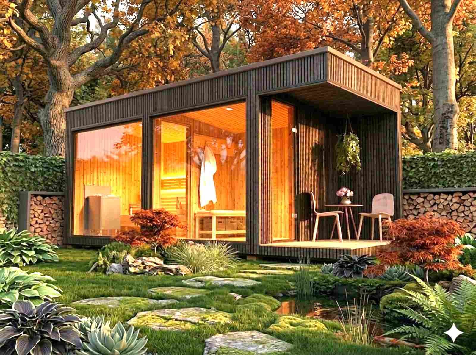 Aussensauna Garten mit Vorraum Holzofen und Whirlpool modern Glas Gartensauna mit Glasfront Saunahaus Ruheraum Terrasse Design vormontiert mit Aufbauservice