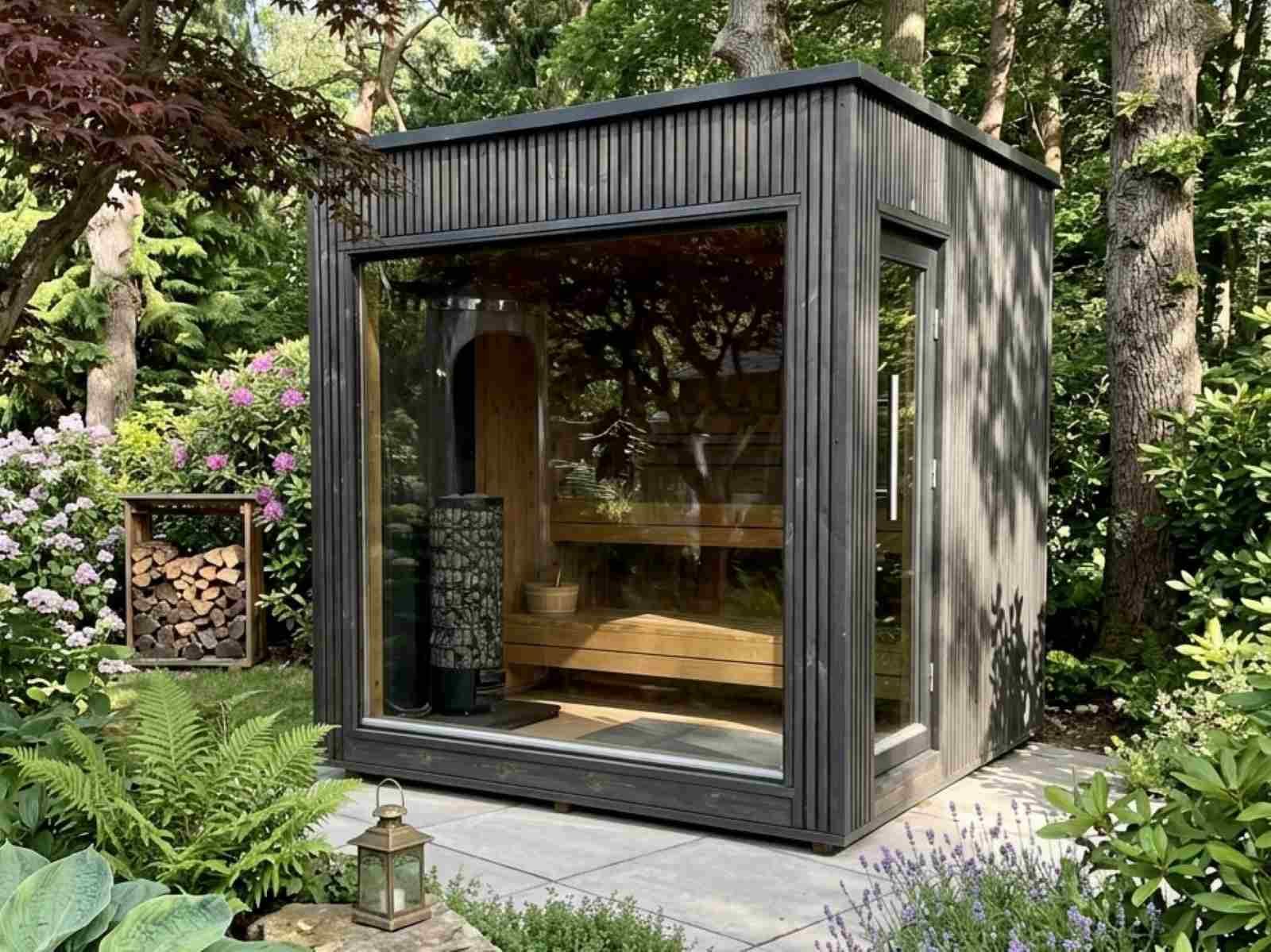Aussensauna für 2-4 Personen klein kaufen Garten Holzofen modern Whirlpool Design Gartensauna mit Glasfront Saunahaus Design Ideen vormontiert mit Montage