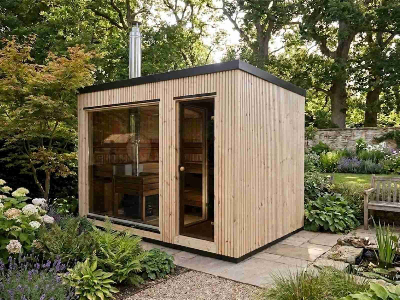 Aussensauna für 2-4 Personen mit Holzofen Vorraum kaufen Garten modern Whirlpool Design Gartensauna mit Ruheraum Glasfront Saunahaus Design Ideen vormontiert mit Montage