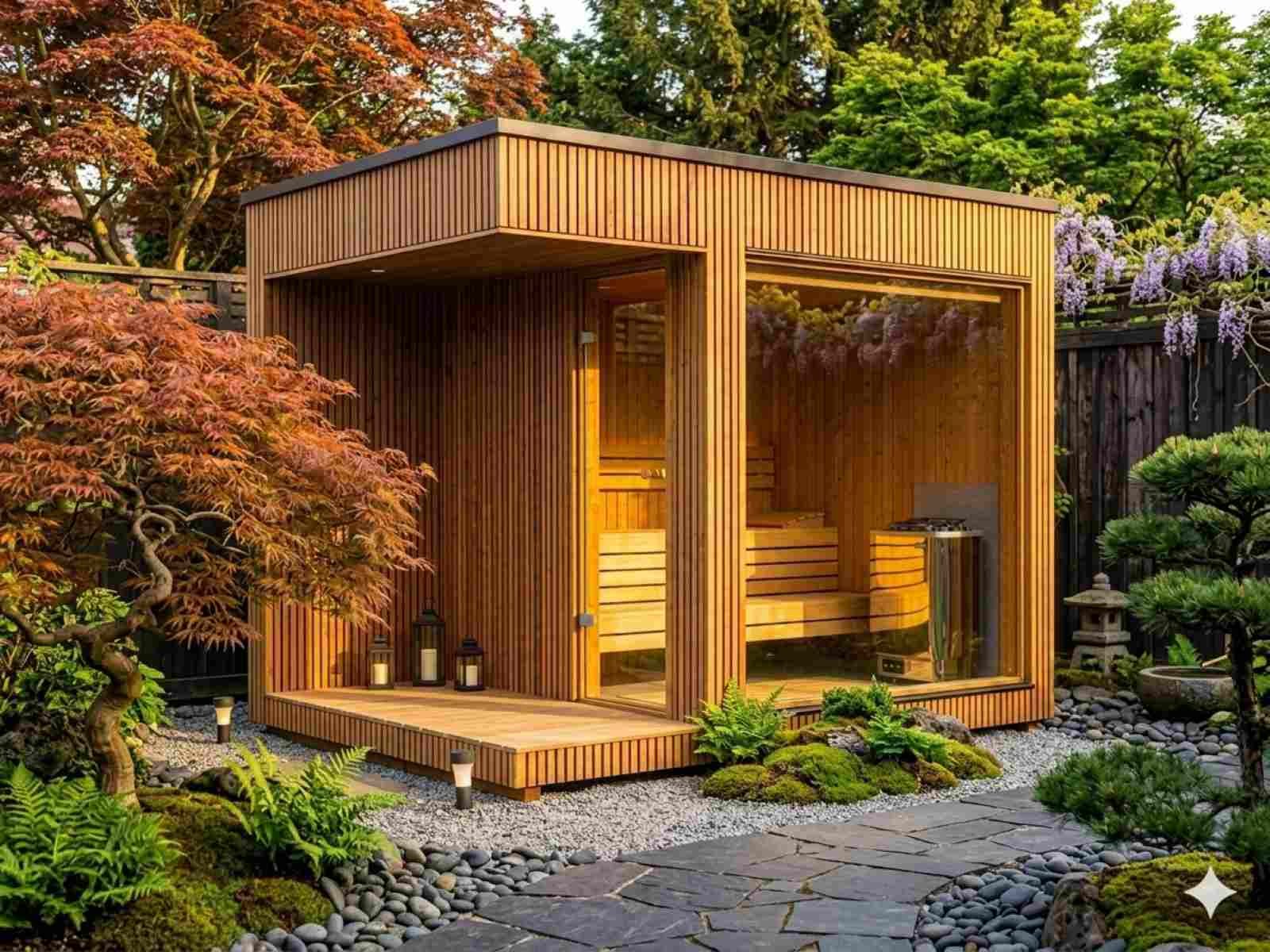 Aussensauna für 2-4 Personen mit Terrasse kaufen Garten Holzofen modern Whirlpool Design Gartensauna mit Glasfront Saunahaus Design Ideen vormontiert mit Montage