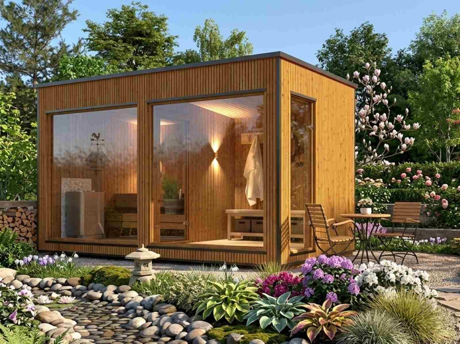 Aussensauna für 2-4 Personen mit Vorraum kaufen aus Holz Garten Holzofen modern Whirlpool Design Gartensauna mit Ruheraum Glasfront Saunahaus Design Ideen vormontiert mit Montage