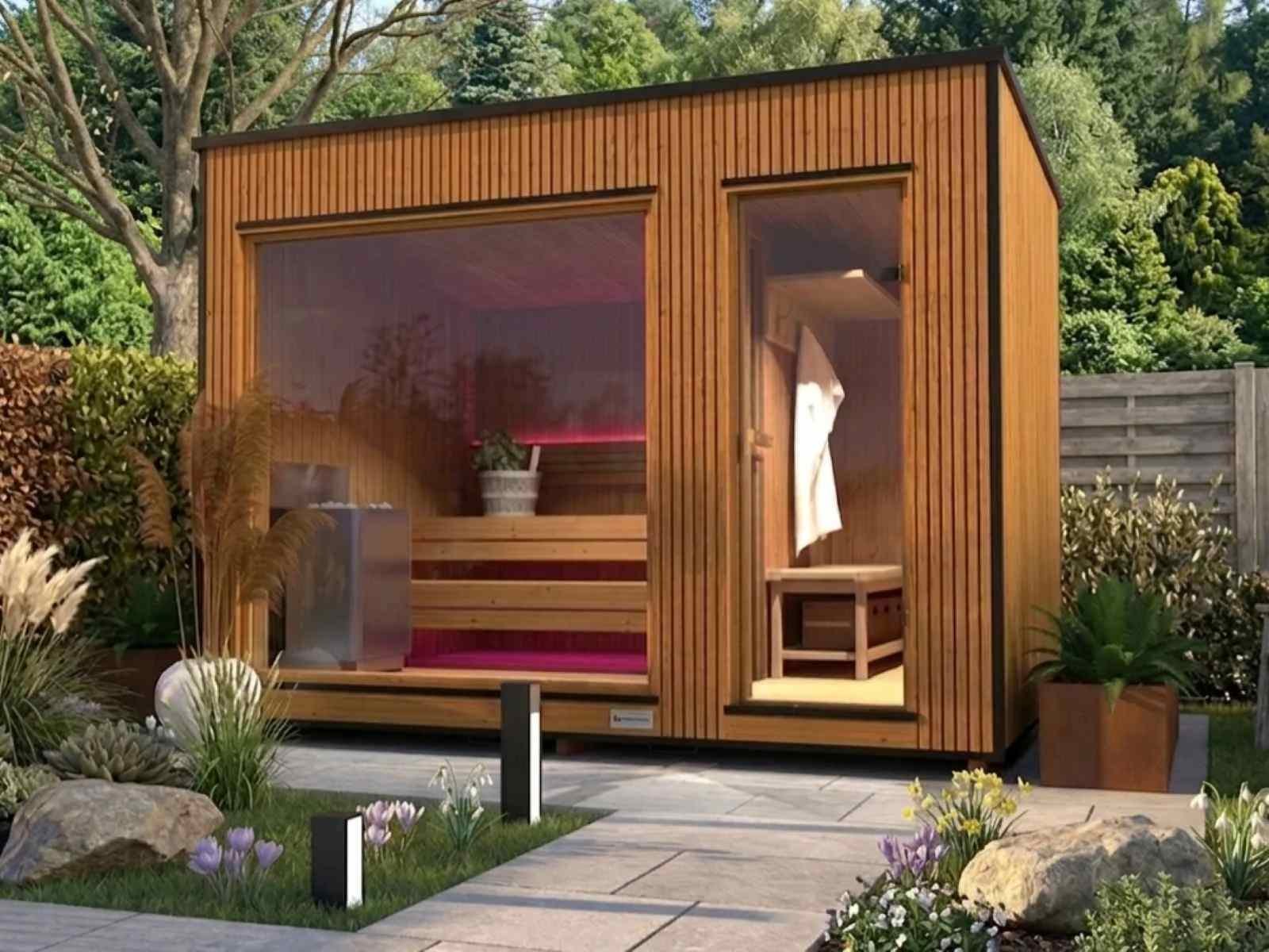Außensauna kaufen Preis klein mit Vorraum Holzofen und Whirlpool modern Glas Gartensauna mit Glasfront Ideen Saunahaus Design vormontiert mit Aufbau