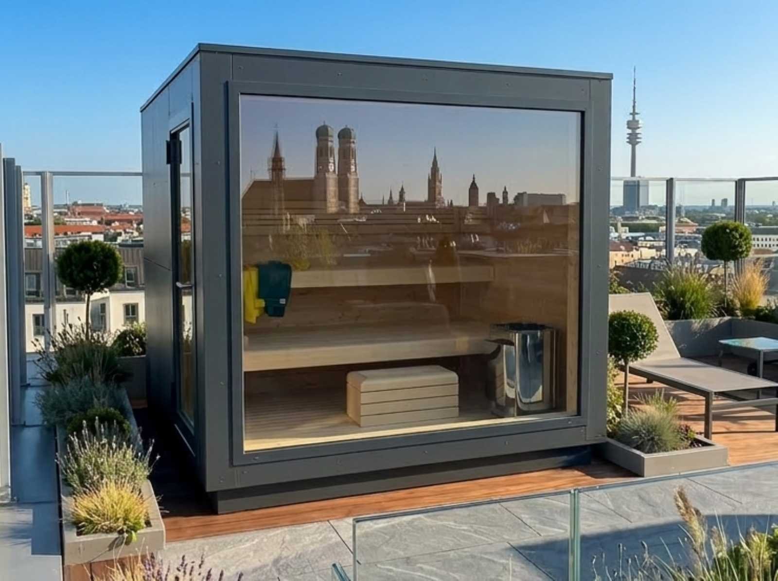 Außensauna klein modern verspiegelt kaufen Cube GS3 Gartensauna mit Glasfront kleine Sauna outdoor Design Spiegelglas mini Saunahaus mit Holzofen Elektroofen luxus premium
