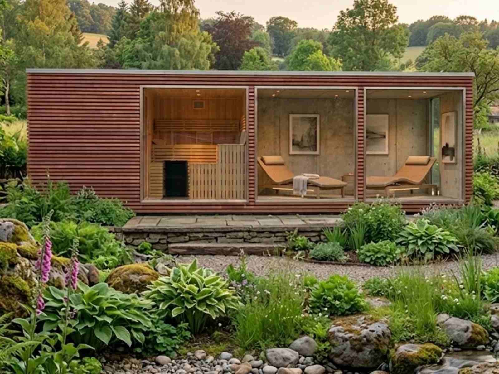 Außensauna mit Dusche und Vorraum kaufen Ruheraum Garten Holzofen Design modern Deutschland Österreich Schweiz Whirlpool Finnisch Glas 2-3-4-5-6 Personen Ideen