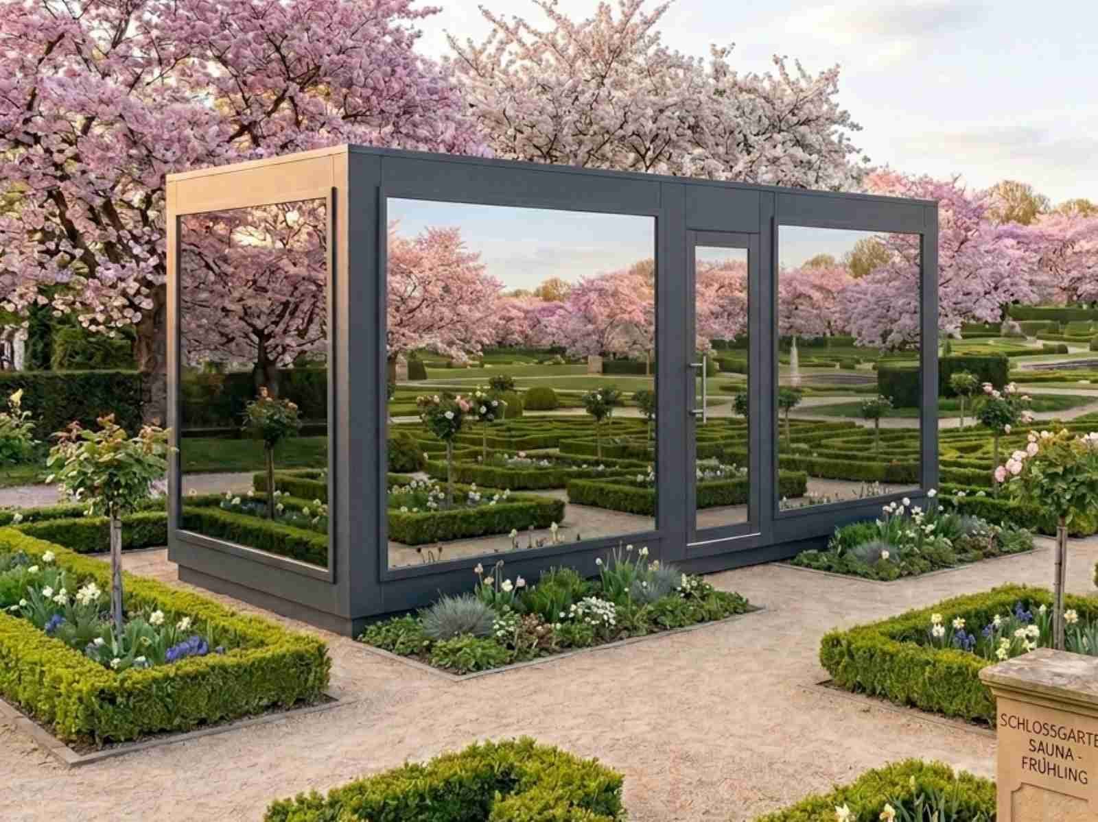 Außensauna mit Dusche und Vorraum verspiegelt kaufen Ruheraum Garten Holzofen Design modern Deutschland Österreich Schweiz Whirlpool Finnisch Glas 2-3-4-5-6 Personen