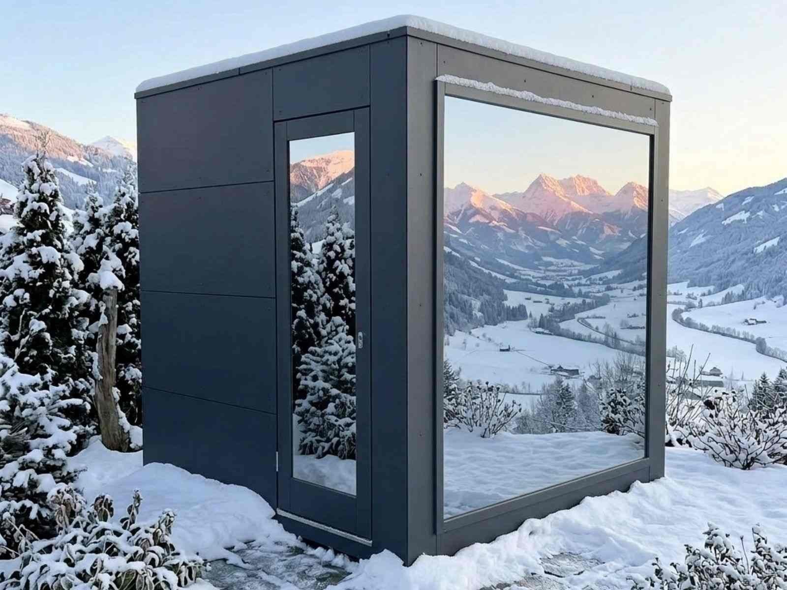 Außensauna mit Holzofen klein komplett kaufen Whirlpool Finnische kleine Gartensauna Design modern Glas 2-3-4-5-6 Personen Preis Glasfront Kosten Panoramafenster nach Maß