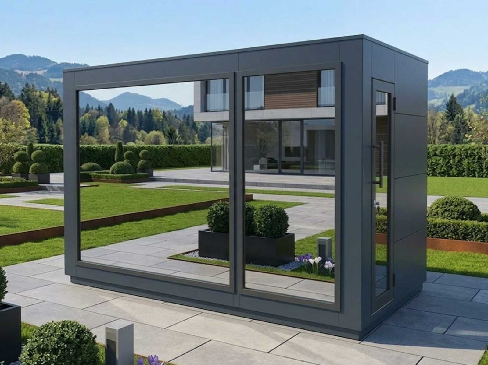 Außensauna mit Holzofen komplett Vorraum klein und Dusche kaufen Whirlpool Finnische Gartensauna Ruheraum modern Glas 2-3-4-5-6 Personen Preis Glasfront Kosten Panoramafenster nach Maß
