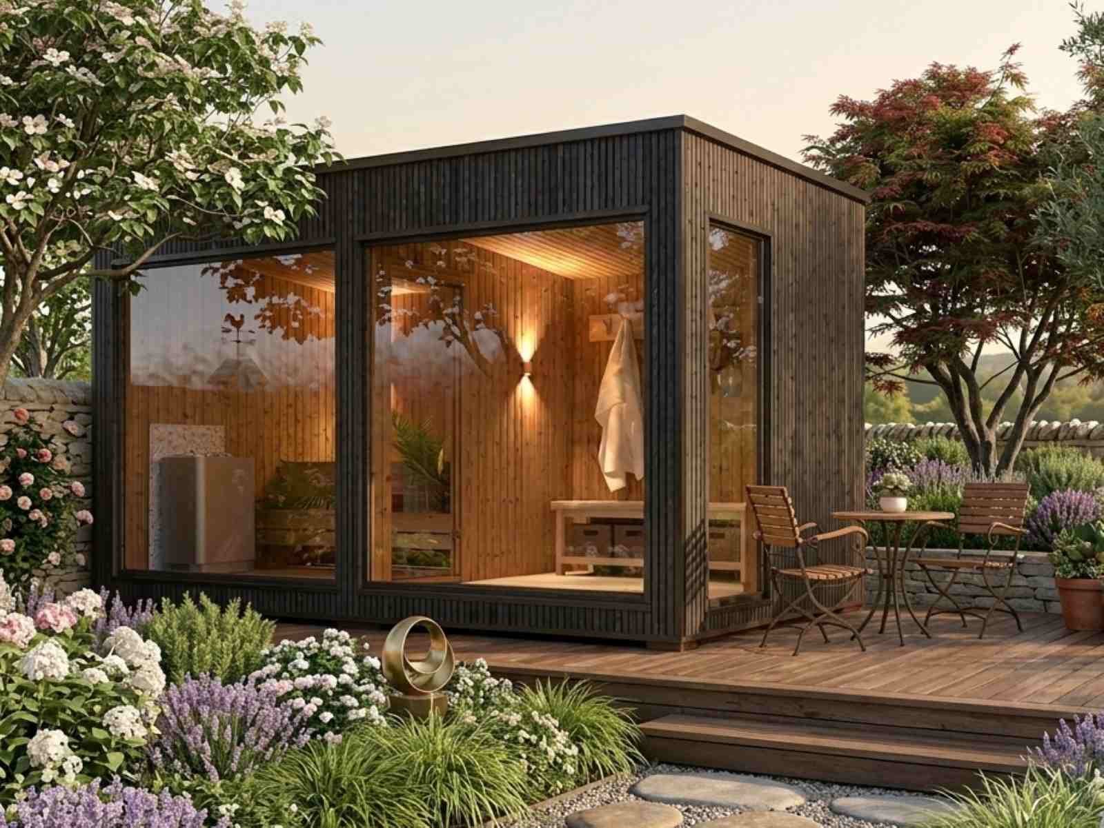 Außensauna mit Whirlpool kaufen mit Vorraum Holzofen Kosten modern Glas Gartensauna mit Glasfront Saunahaus Design Ideen vormontiert mit Montage