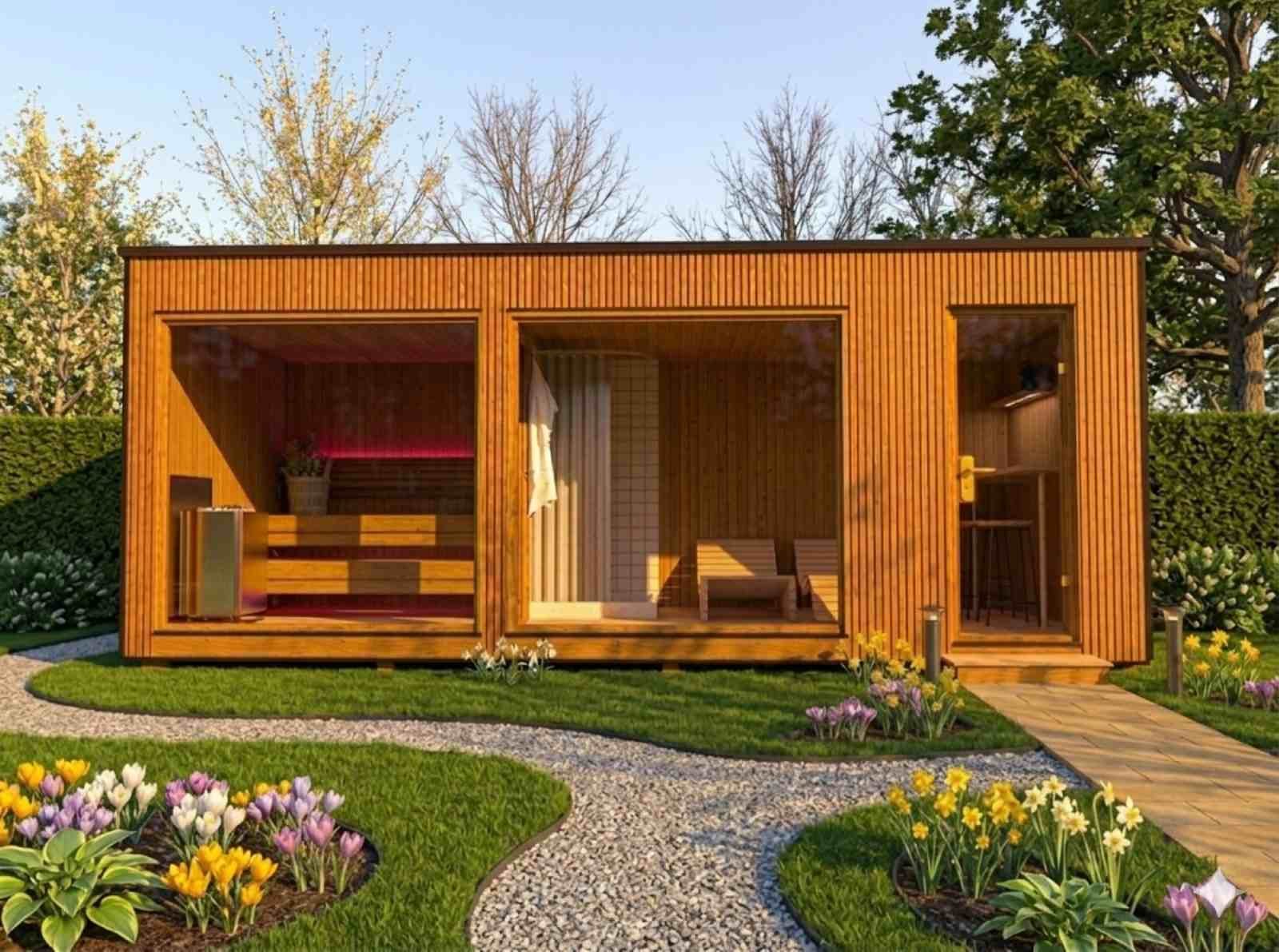 Außensauna mit Whirlpool kaufen mit Vorraum Holzofen Kosten modern Glas Gartensauna mit Glasfront Saunahaus Design vormontiert mit Aufbauservice