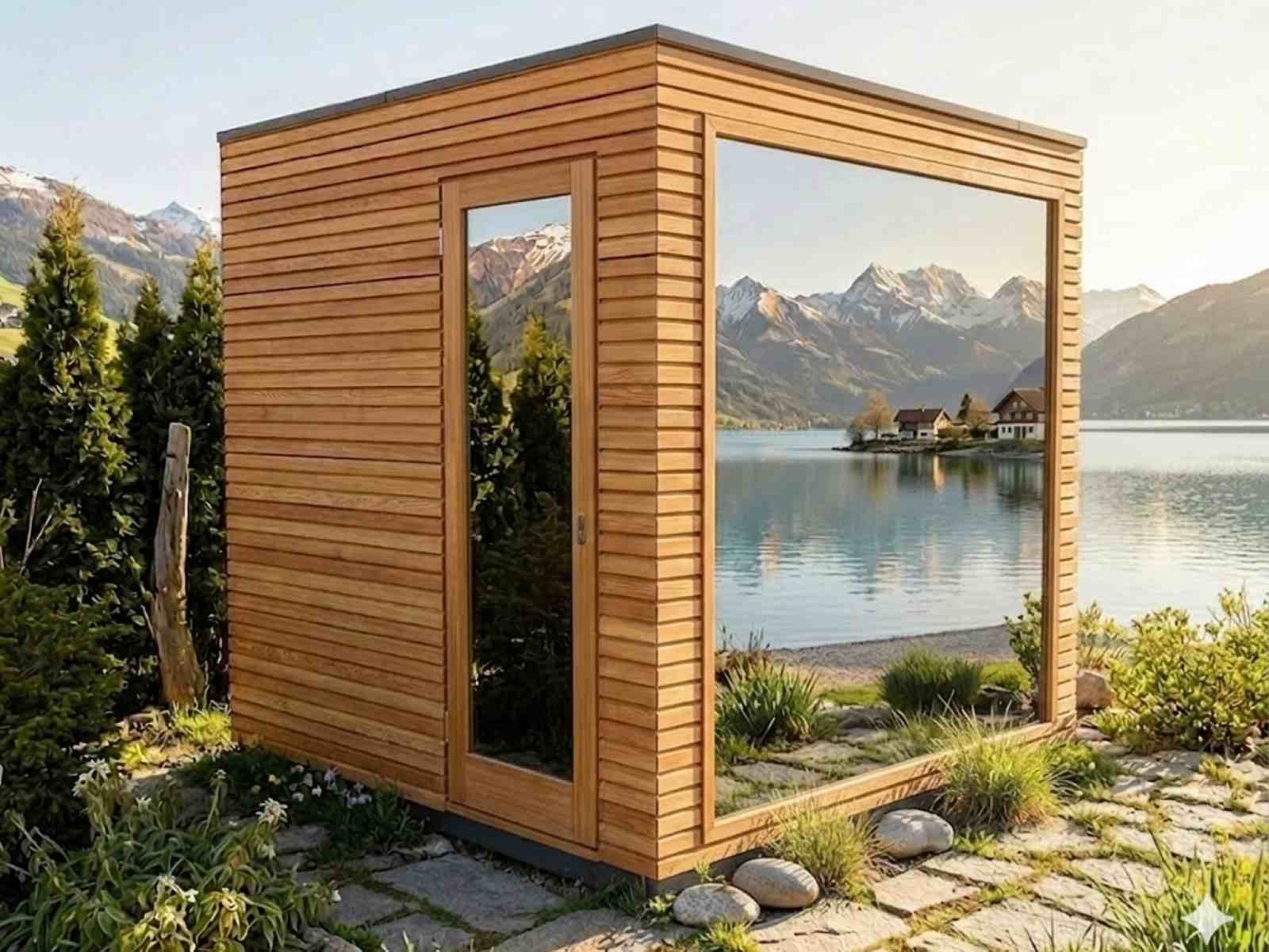 Cube Sauna Outdoor mit Holzofen kaufen verspiegelt Spiegelglas Cubus Gartensauna Glasfront 2-3-4-5-6 Personen Außensauna klein Panoramafenster modern Design vormontiert aus Holz