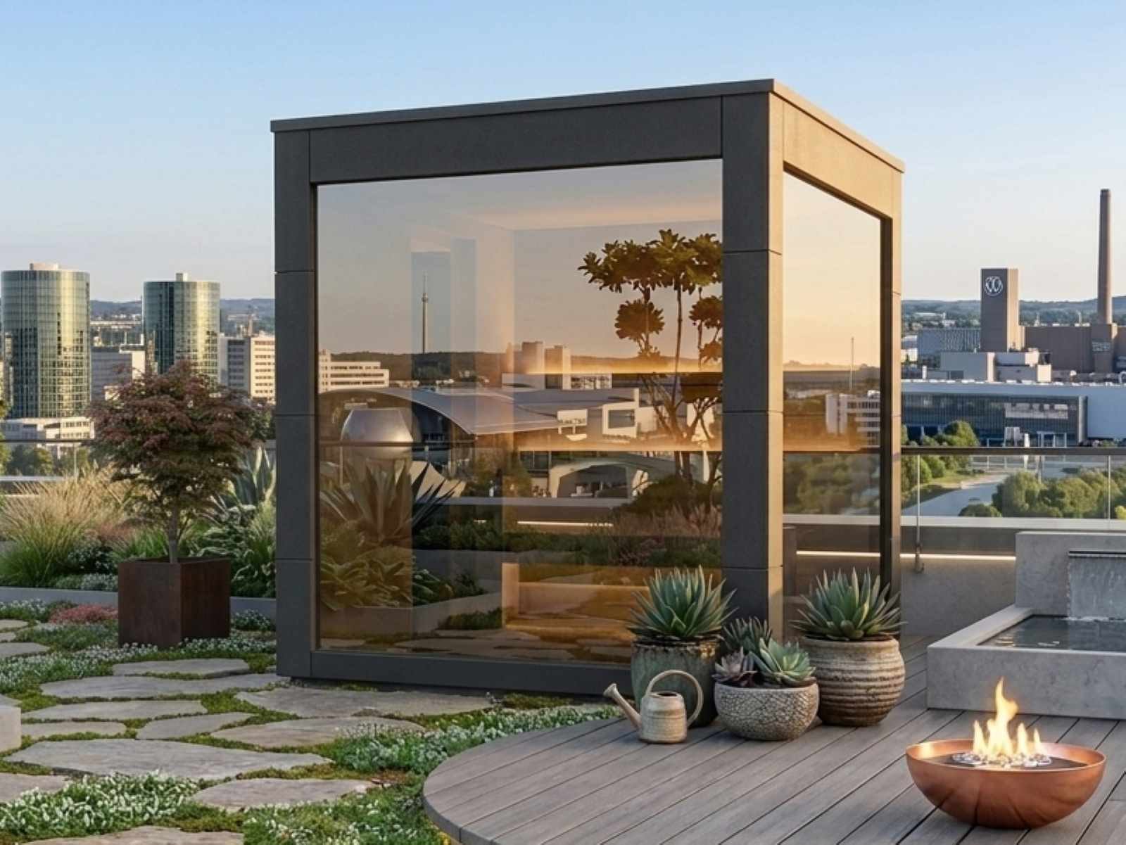 Cube Sauna Outdoor mit Holzofen kaufen verspiegelt Spiegelglas Cubus Gartensauna Glasfront 2-3-4-5-6 Personen Außensauna klein Panoramafenster modern Design vormontiert mit Aufbauservice