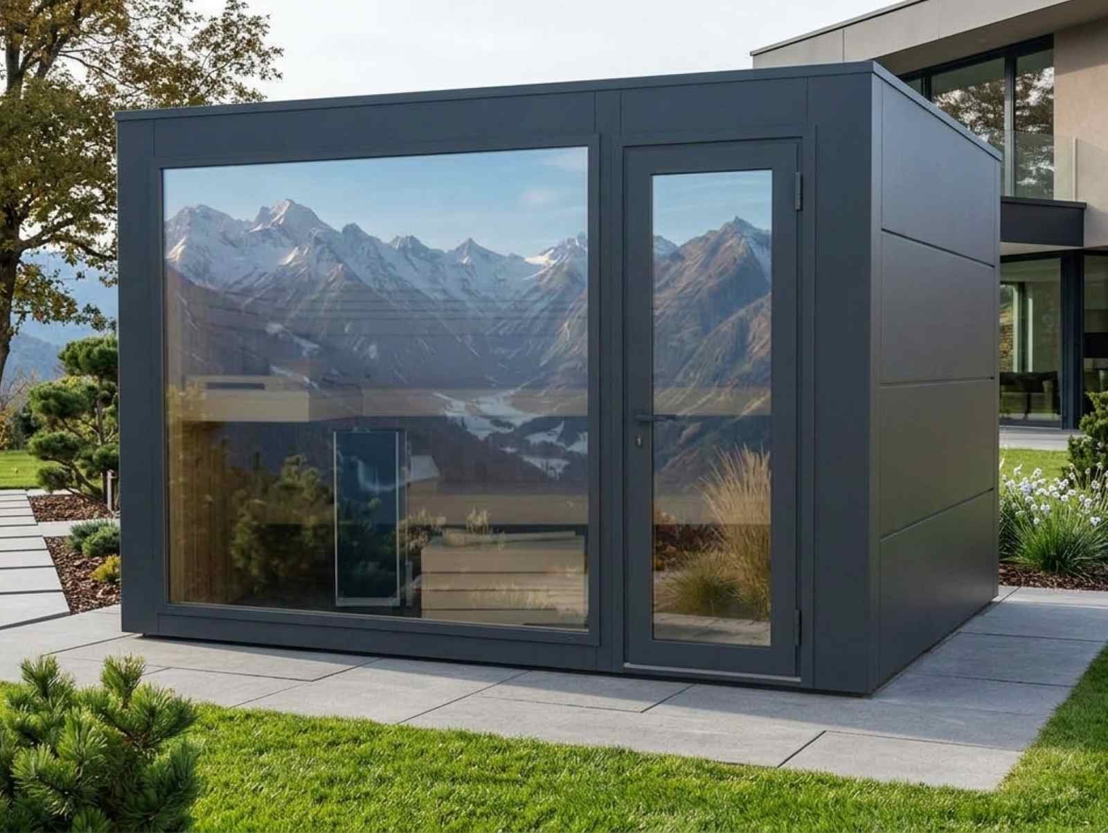 Cube Sauna Outdoor mit Vorraum Holzofen kaufen verspiegelt Spiegelglas Cubus Gartensauna Glasfront 2-3-4-5-6 Personen Außensauna klein Panoramafenster modern Design vormontiert Ideen