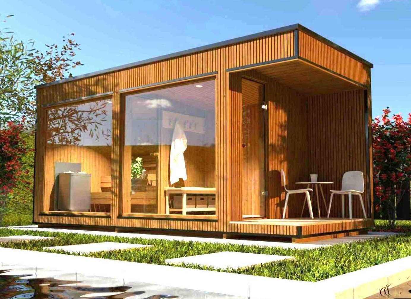 Cube Saunahaus mit Vorraum Sauna Cubus Gartensauna Glasfront kaufen mit Holzofen 2-3-4-5-6 Personen Auensauna modern Design Ruheraum vormontiert mit Aufbau aus Thermoholz