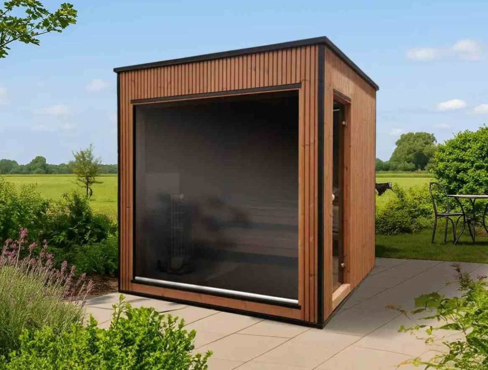 Garten Sauna kaufen klein mini modern Glas Glasfront Panoramafenstermit Holzofen 2-3-4-5-6 Personen Außensauna Design vormontiert mit Aufbau aus Thermoholz