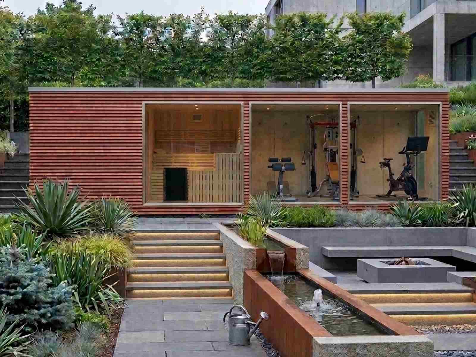 Garten Sauna mit Vorraum Fitnessraum Home-Gym modern Glas Design Saunahaus mit Ruheraum kaufen 2-3-4-5-6 Personen Preis Glasfront Kosten Panoramafenster vormontiert mit Aufbau