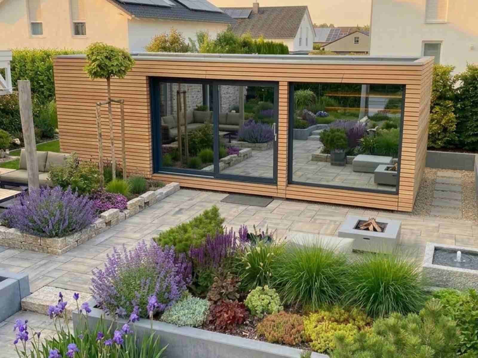 Garten Sauna mit Vorraum kaufen aus Holz modern Glas Design Außensauna mit Ruheraum kaufen 2-3-4-5-6 Personen Preis Glasfront Kosten Panoramafenster vormontiert mit Aufbau