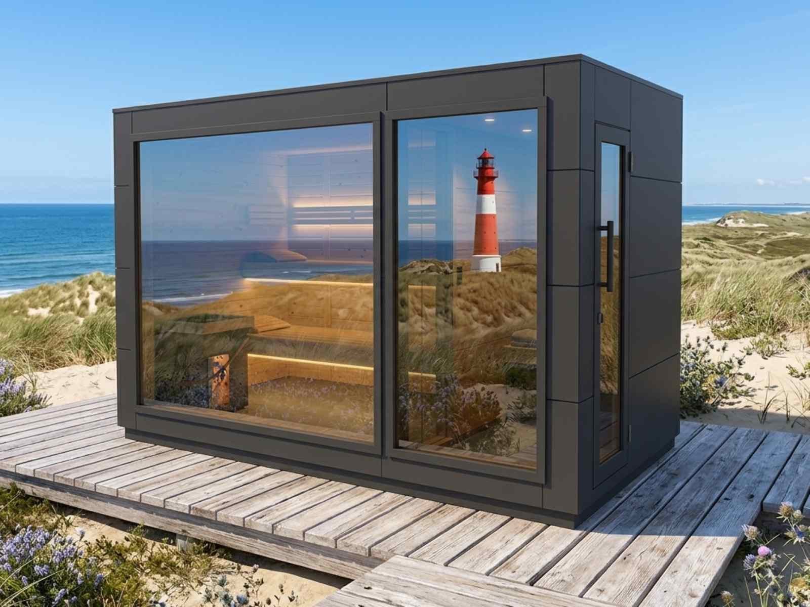 Garten Sauna mit Vorraum kaufen mit Holzofen klein modern Glas Design Saunahaus mit Ruheraum kaufen 2-3-4-5-6 Personen Preis Glasfront Kosten Panoramafenster vormontiert mit Aufbau
