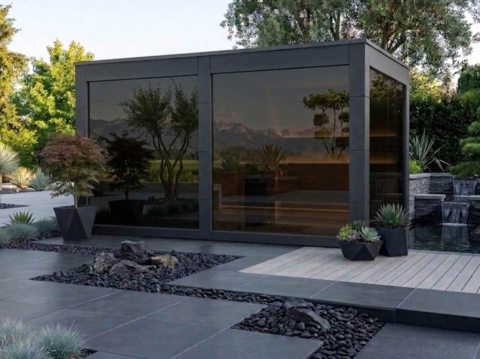 Garten Sauna mit Vorraum kaufen mit Holzofen modern Glas getönt Design Saunahaus mit Ruheraum kaufen 2-3-4-5-6 Personen Preis Glasfront Kosten Panoramafenster vormontiert mit Aufbau