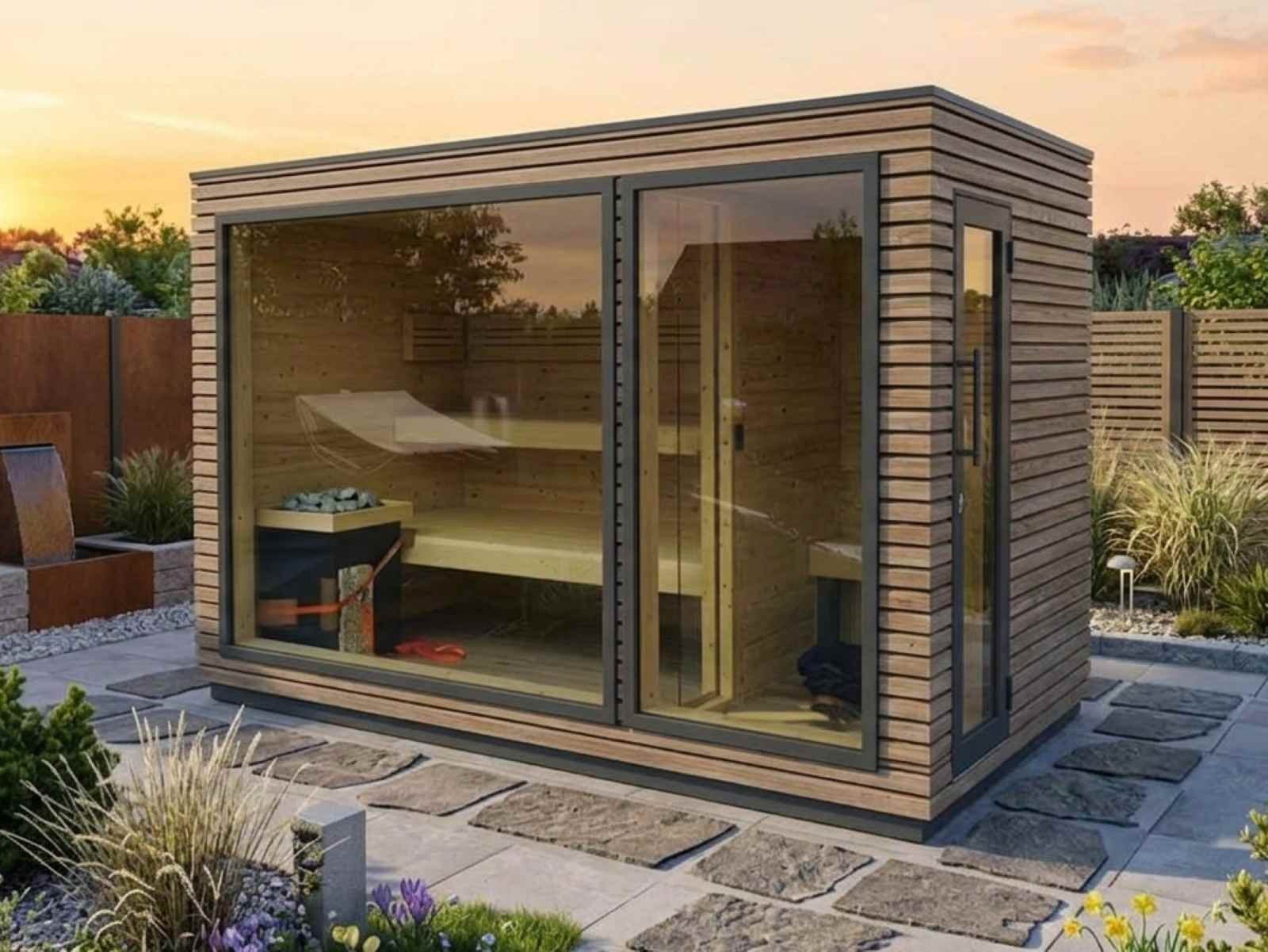 Garten Saunahaus mit Vorraum klein Holzofen Whirlpool Dusche Design modern Glasfront Ruheraum für 2-3-4-5-6 Personen Luxus vormontiert mit Aufbau Cube Preis Panaromafenster schlüsselfertig