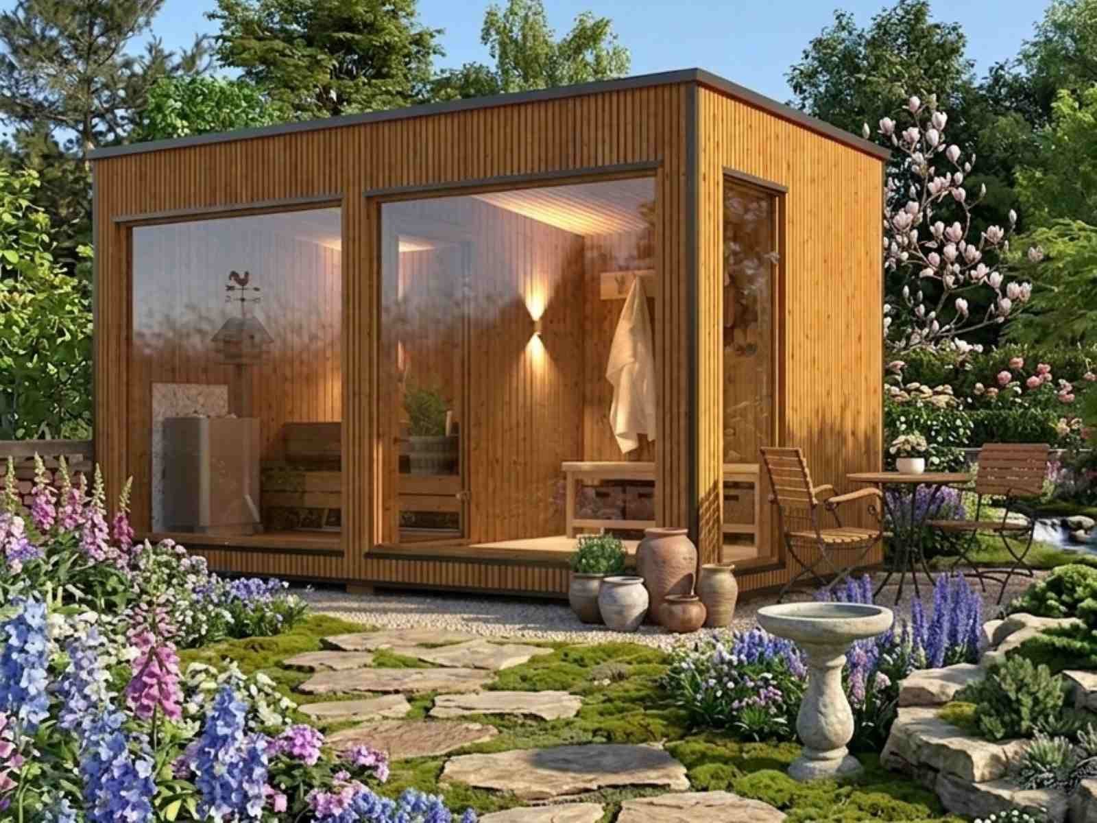 Gartenhäuser mit Sauna mit Vorraum modern Kombination Outdoor mit Glasfront Holzofen mit Gartensauna Glas Aussensauna Design vormontiert mit Montageservice