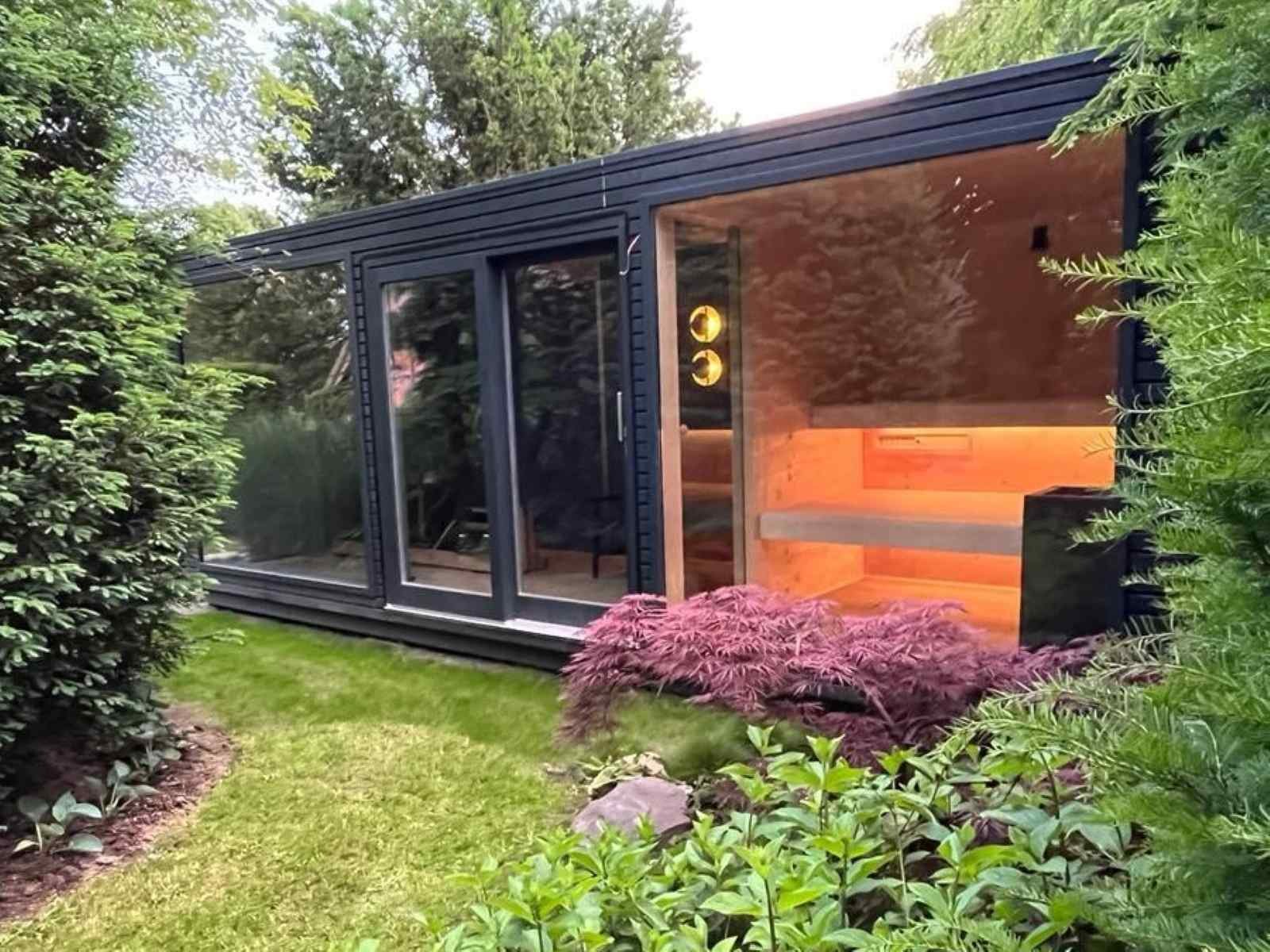 Gartenhaus mit Sauna und Voraum Whirlpool und Dusche 2-4-6 Personen Holzofen mit Aufbau Glasfront Ruheraum neu Panoramafenster Außensauna Preis Kosten