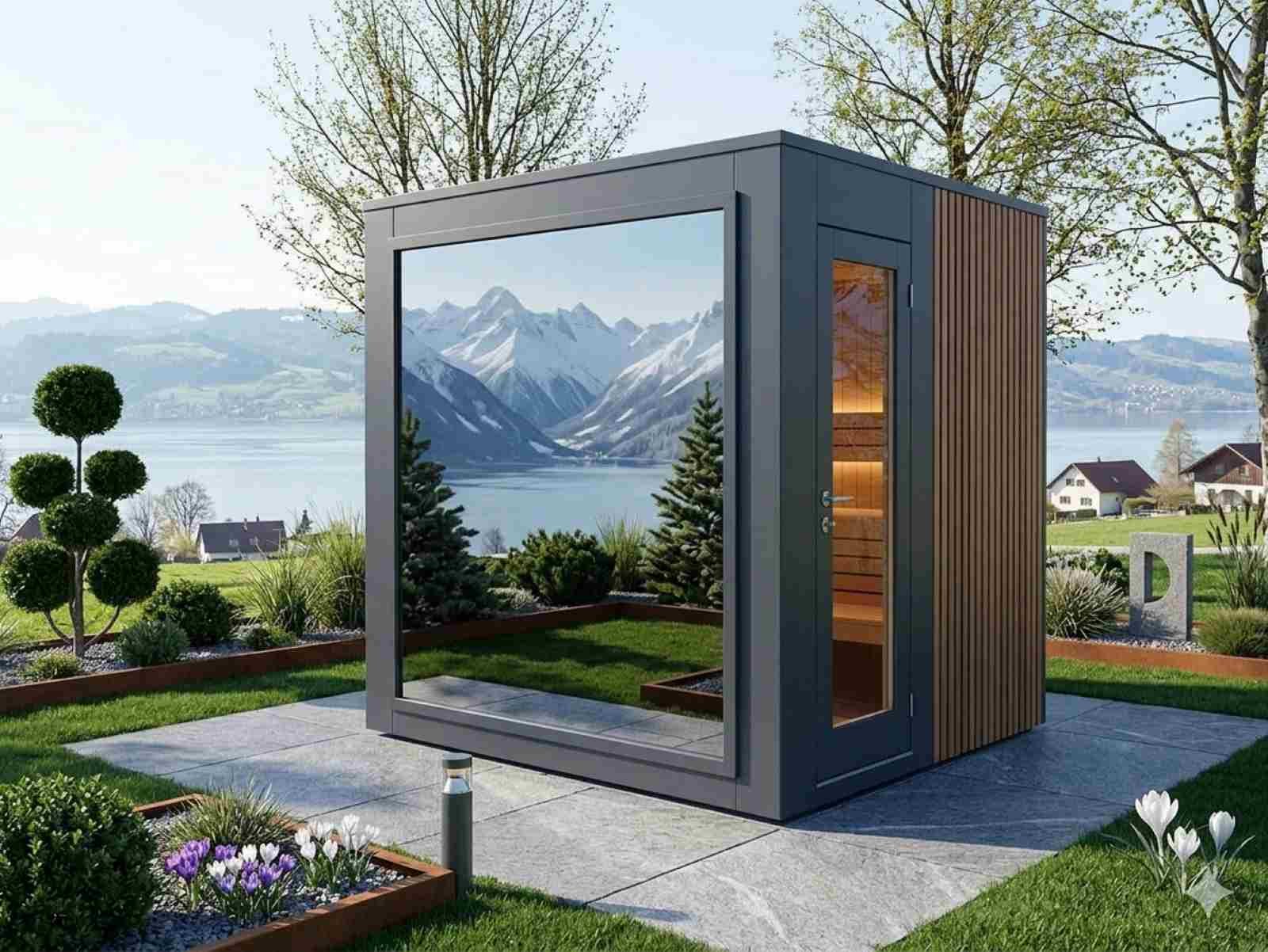 Gartensauna 2 Personen mit Holzofen kaufen modern Cube vormontiert mini Außensauna klein mit Glasfront Panorama mit Aufbau Sauna outdoor HPL Design mit Elektroofen luxus premium Ideen