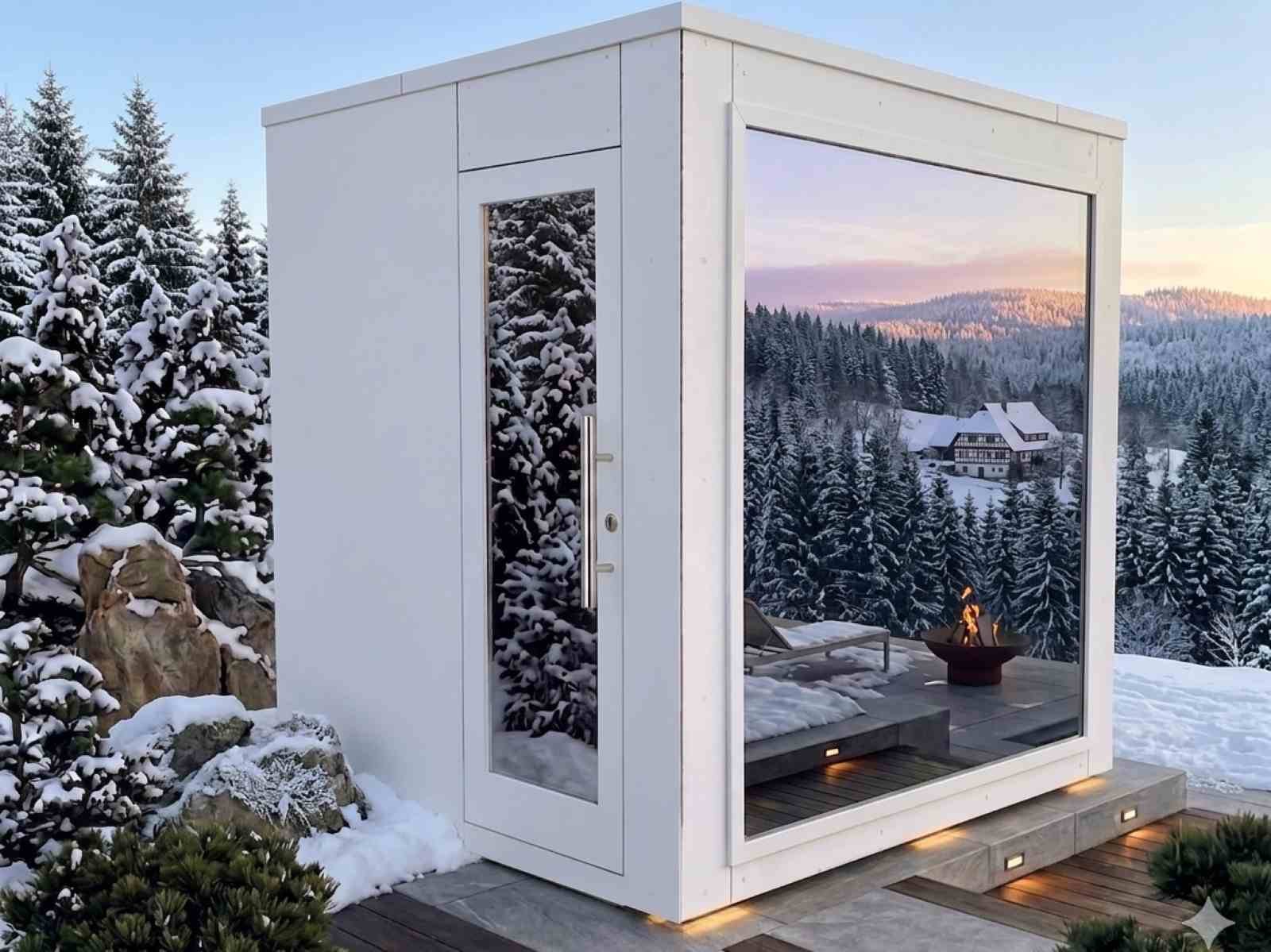 Gartensauna 2 Personen mit Holzofen kaufen modern Cube vormontiert mini Außensauna klein mit Glasfront Panorama mit Aufbau Sauna outdoor HPL Design mit Elektroofen luxus premium weiss