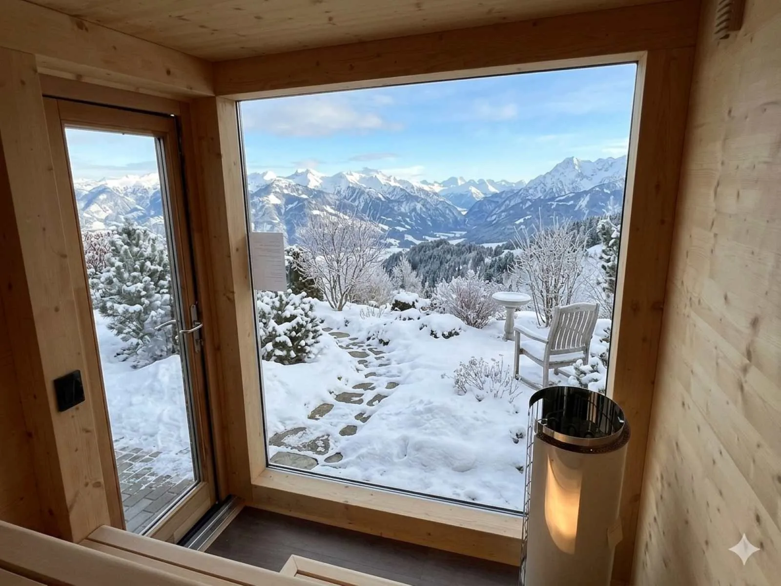 Gartensauna Glasfront Außensauna Panoramascheibe und Glastür isoliert doppelverglast innen Aussicht Panoramablick