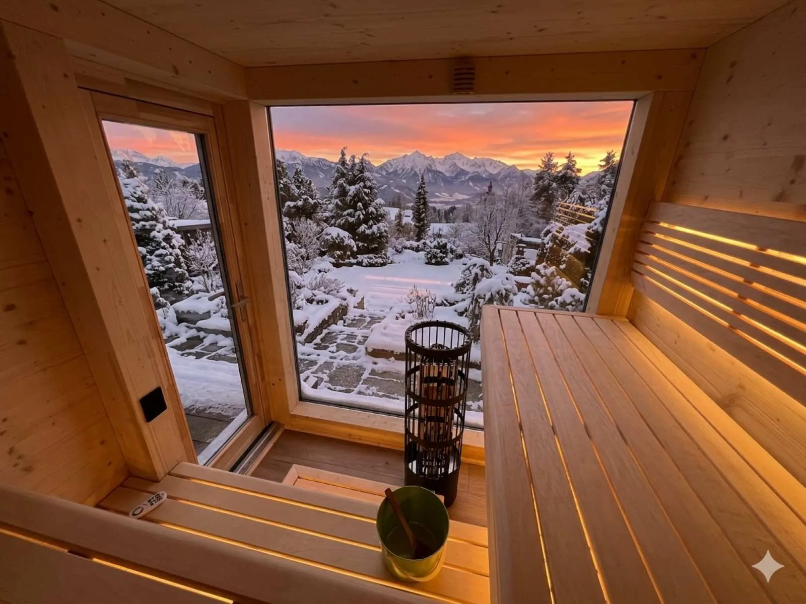 Gartensauna Glasfront Panoramascheibe und Glastür isoliert doppelverglast innen Aussicht Panoramablick