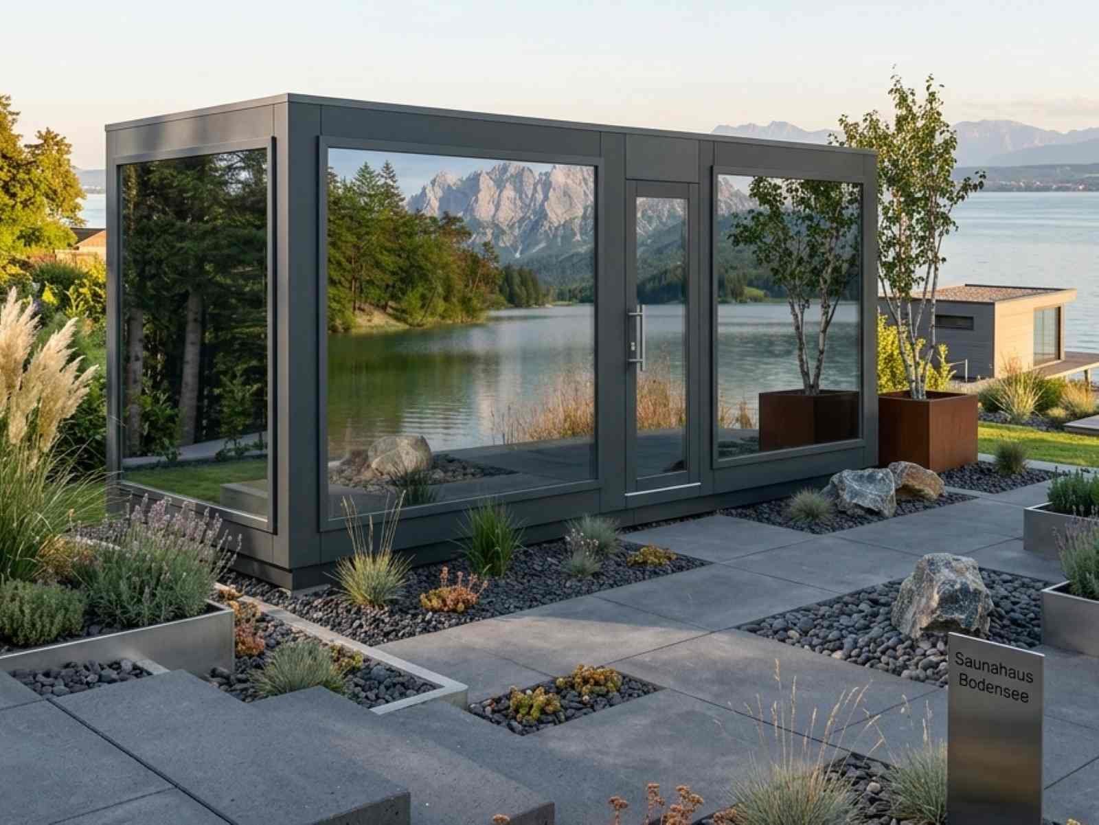 Gartensauna Komplettset mit Vorraum Holzofen Design modern Montage Cube GS6 HPL Saunahaus mit Vorraum und Dusche komplett Außensauna mit Ruheraum Glasfront Luxus Premium