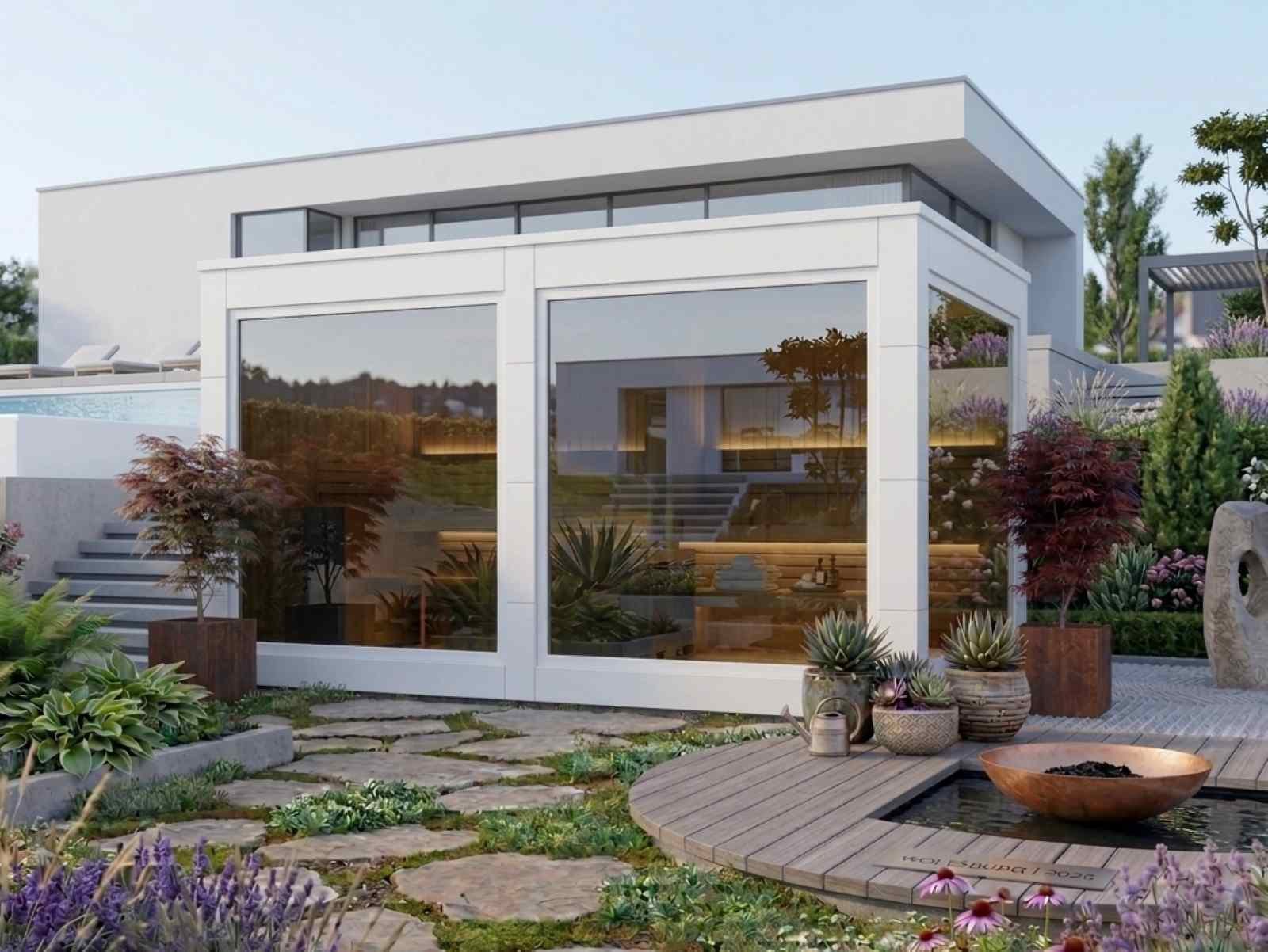 Gartensauna Komplettset mit Vorraum Holzofen modern Montage Cube GS5 HPL weiss Saunahaus mit Vorraum und Dusche komplett Außensauna mit Ruheraum Glasfront Luxus Premium