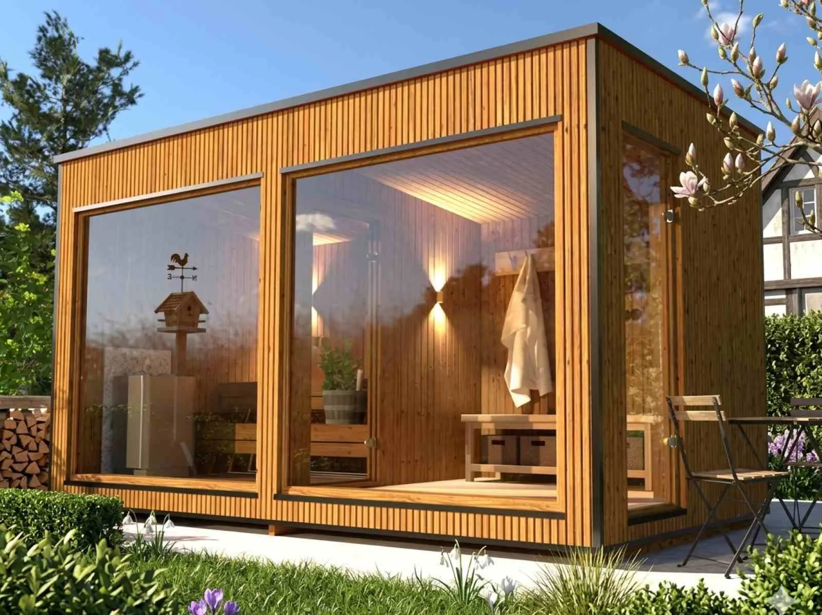 Gartensauna für 2 3 4 5 6 Personen mit Vorraum Holzofen Ruheraum kaufen Design modern Outdoor aus Holz Glasfront mit Preis Kosten Glas Außensauna vormontiert mit Montage