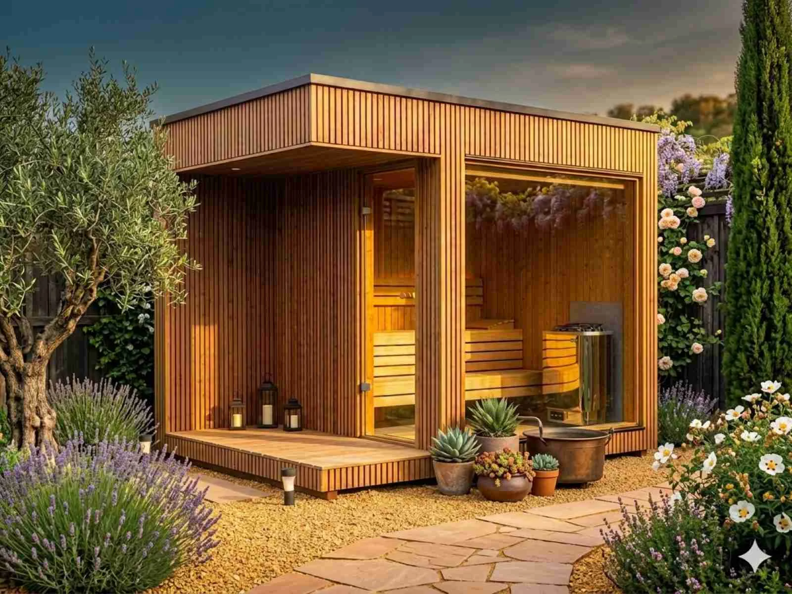 Gartensauna für 2 3 4 5 6 Personen mit Vorraum Holzofen Ruheraum kaufen modern Outdoor Glasfront mit Preis Kosten Glas Aussensauna Design vormontiert mit Montage