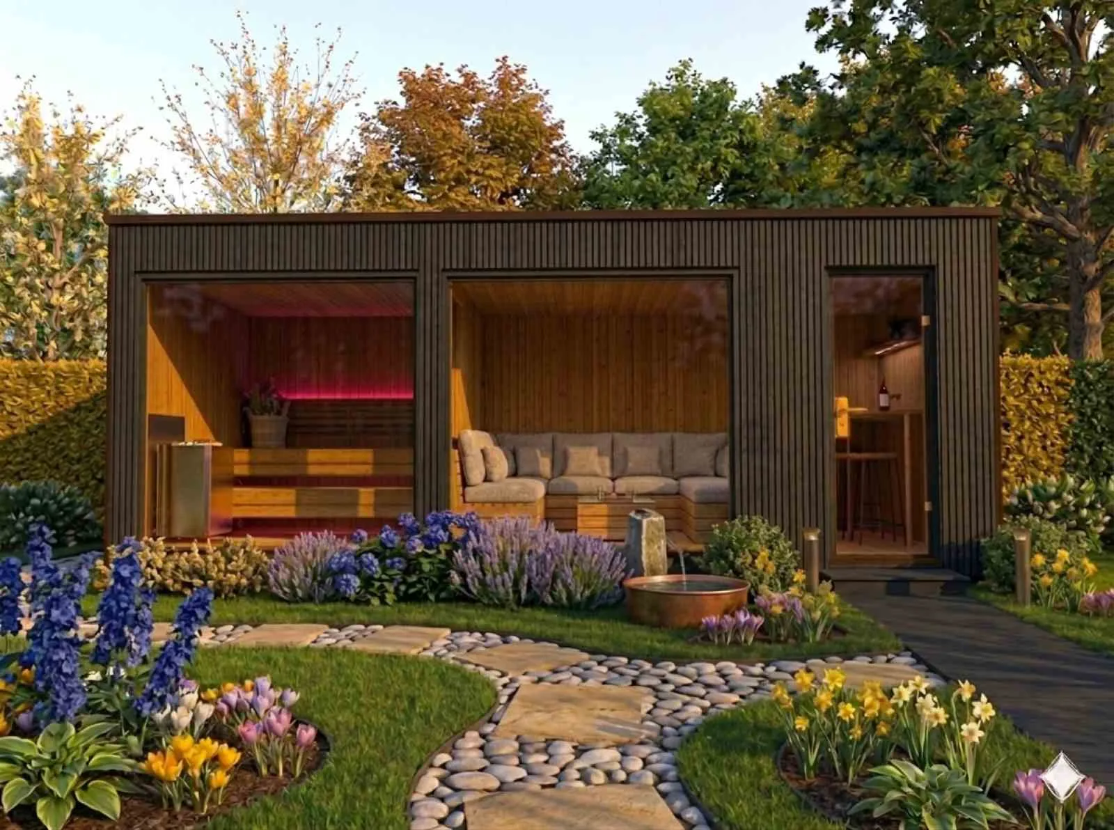 Gartensauna für 2 3 4 5 6 Personen mit Vorraum Holzofen Ruheraum kaufen modern Outdoor Glasfront mit Preise Kosten Glas Aussensauna Design vormontiert mit Montageservice