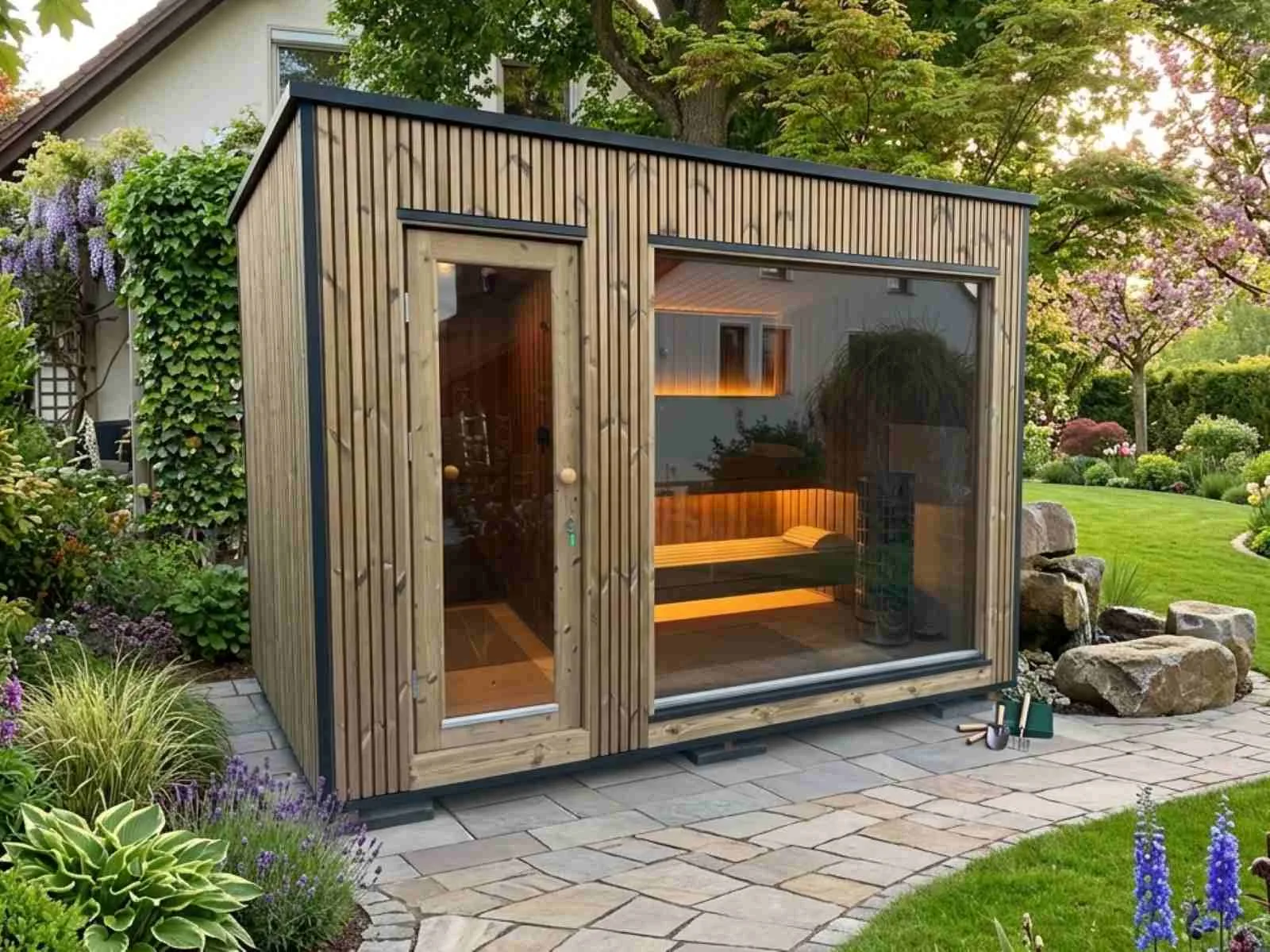 Gartensauna für 2 3 4 5 6 Personen mit Vorraum Holzofen Ruheraum kaufen modern Outdoor Glasfront mit Preise Kosten Glas neu Aussensauna Design vormontiert mit Aufbau