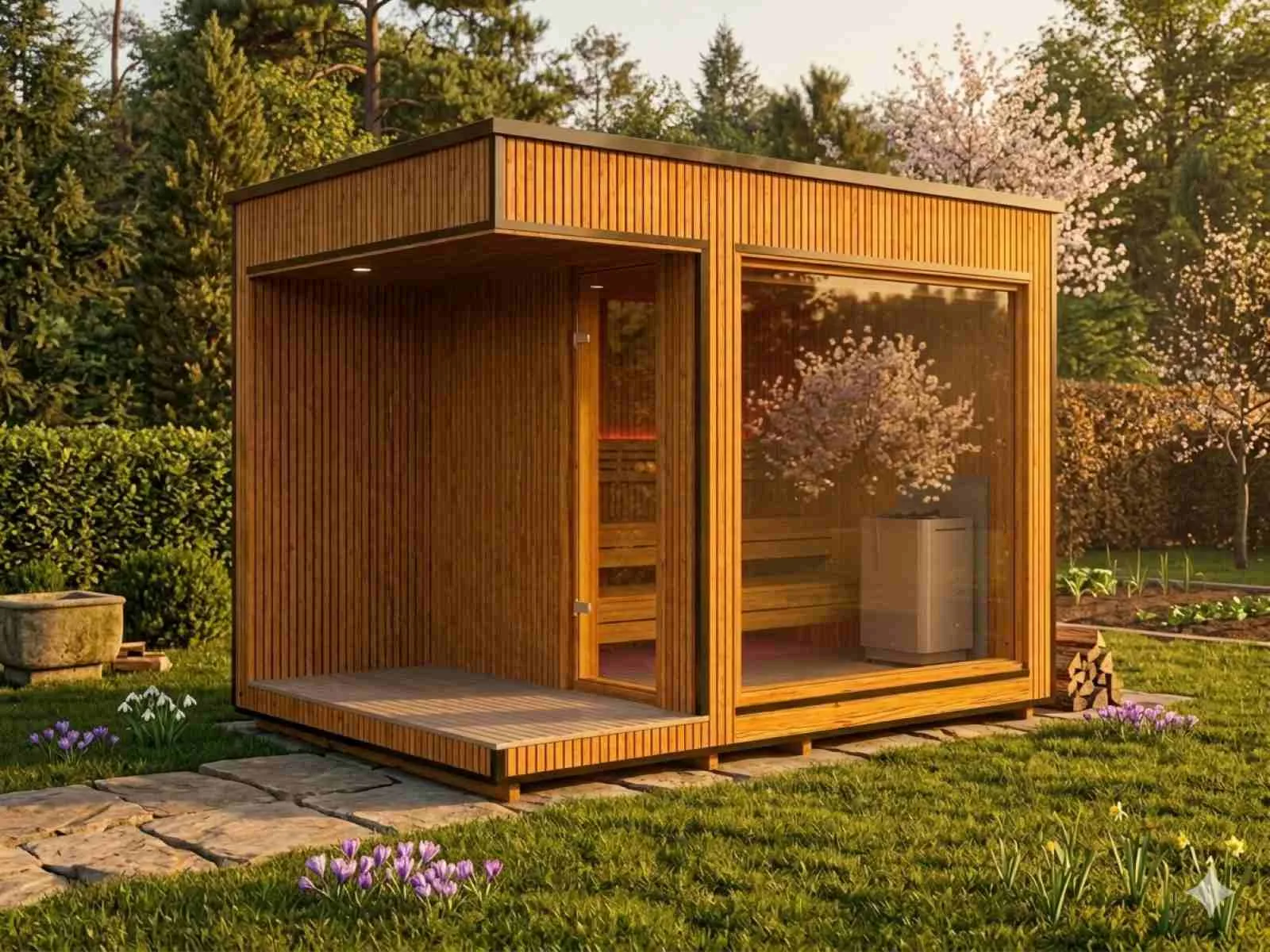 Gartensauna kaufen mit Holzofen Glasfront 2 - 4 - 6 Personen aus Holz Saunahaus mit Elektroofen Außensauna modern Terrasse Design Cube Kubus Flachdach Panoramafenster Luxus Preise