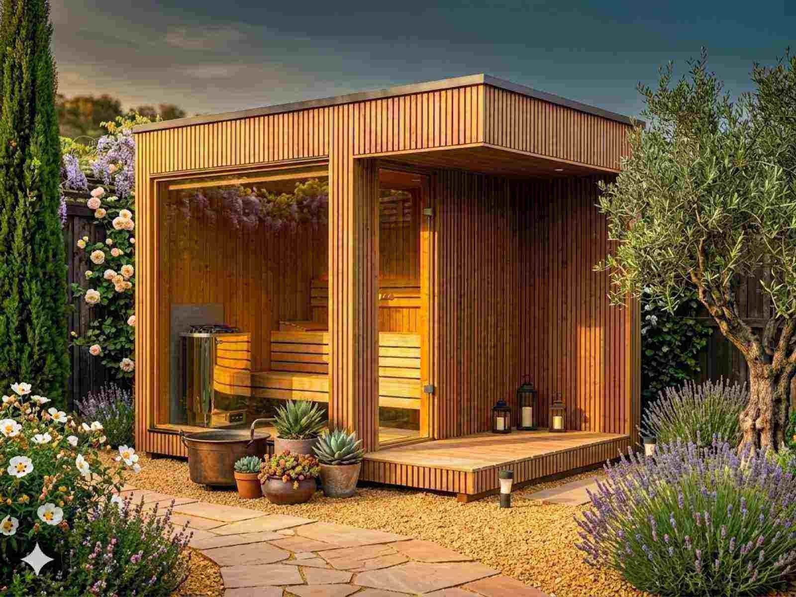 Gartensauna klein mit Terrasse modern mit Holzofen kaufen Saunahaus mini Glas Glasfront 2-3-4-5-6 Personen Panoramafensterkleine Außensauna Design vormontiert mit Aufbau