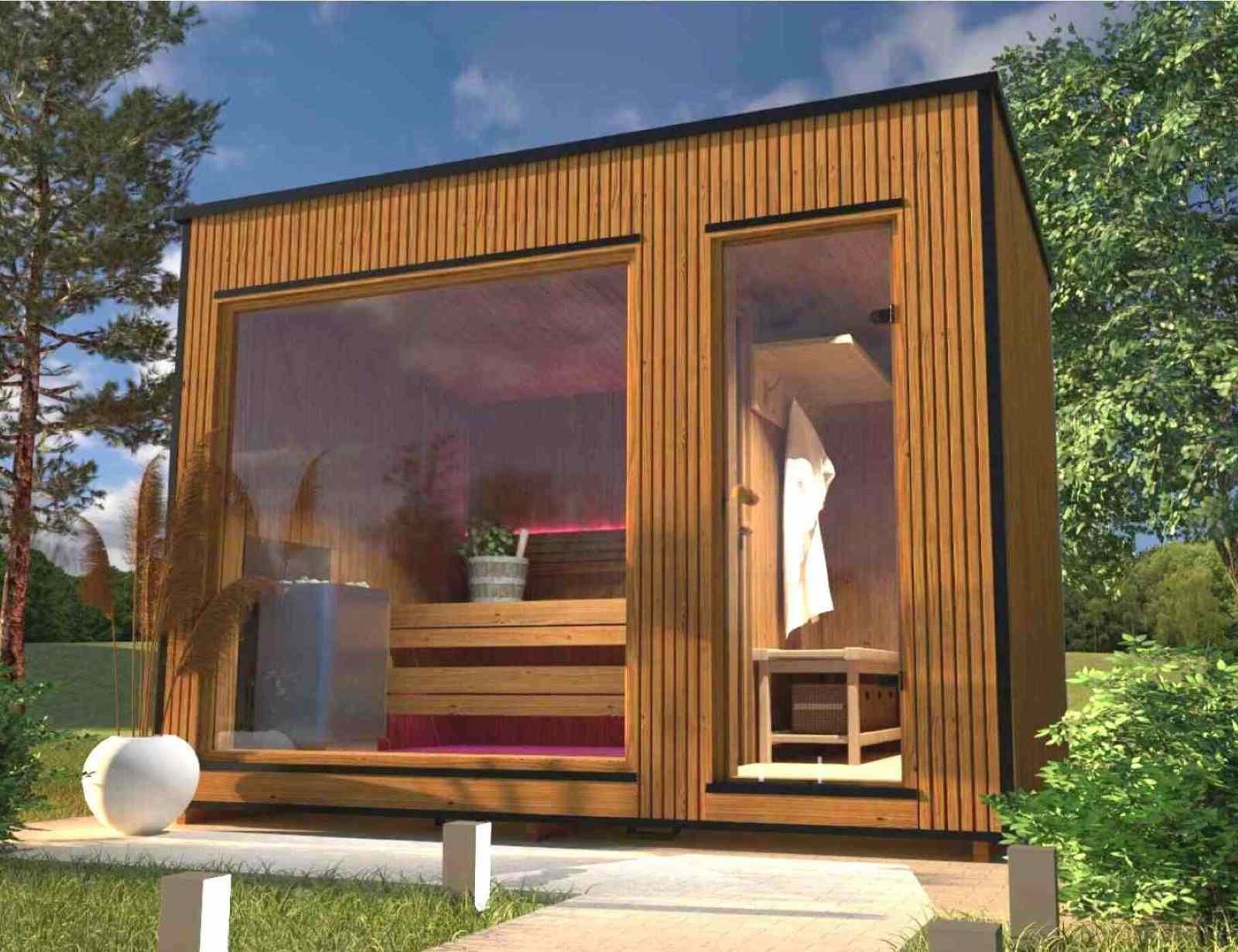Gartensauna klein mit Vorraum modern Holzofen kaufen Saunahaus Glas Glasfront 2-3-4-5-6 Personen PanoramafensterAußensauna Design vormontiert mit Aufbau aus Themoholz