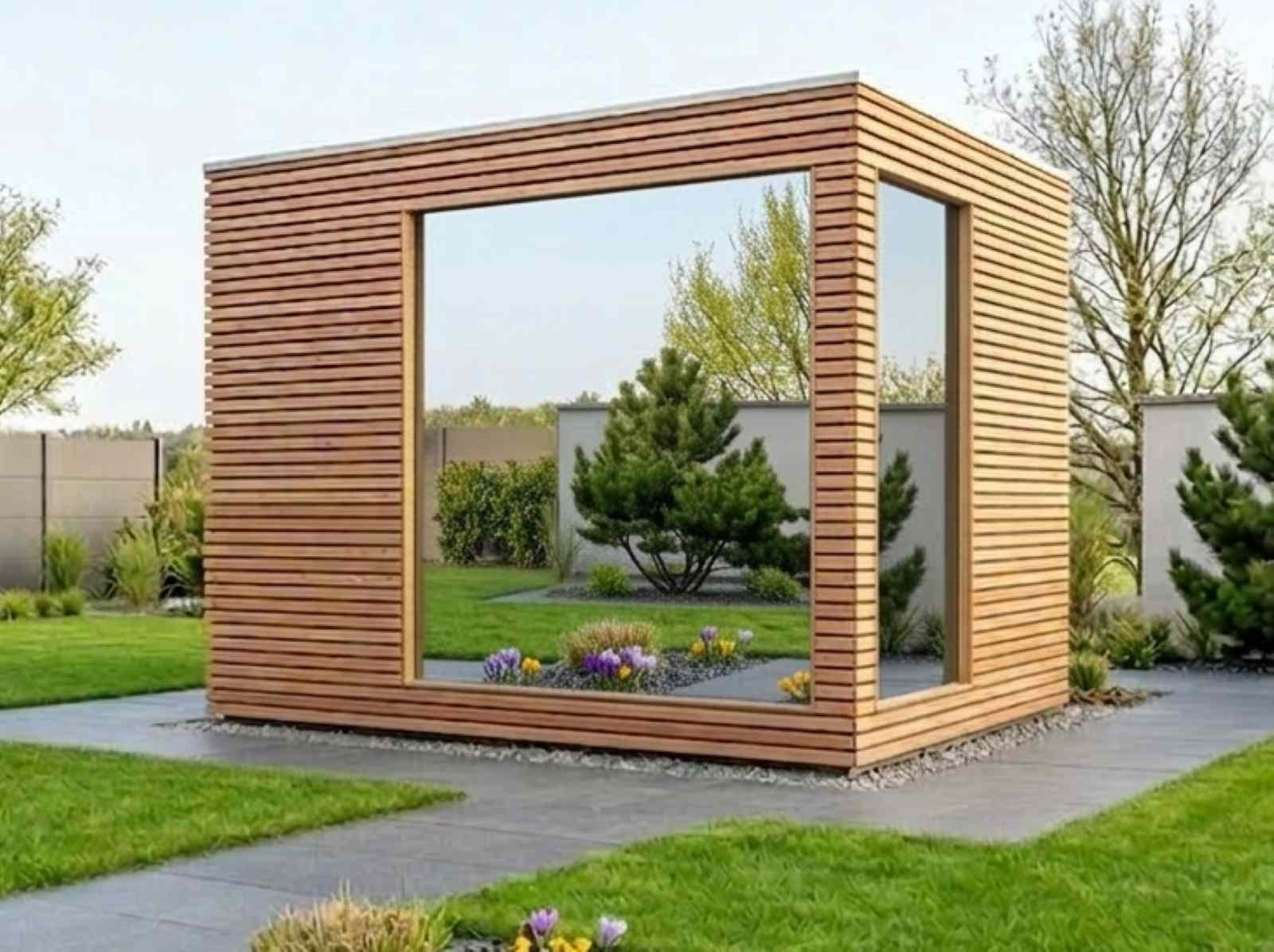 Gartensauna klein modern verspiegelt kaufen Cube GS3 mini Außensauna mit Glasfront kleine Sauna outdoor Design Spiegelglas Saunahaus mit Holzofen Elektroofen luxus premium exklusiv