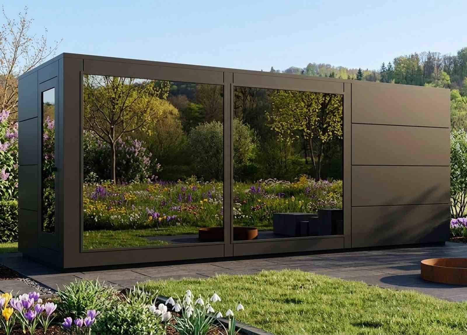 Gartensauna mit Dusche und Gartenhaus kaufen modern mit Aufbauservice Cube verspiegelt HPL Saunahaus mit Vorraum Außensauna mit Holzofen Elektroo