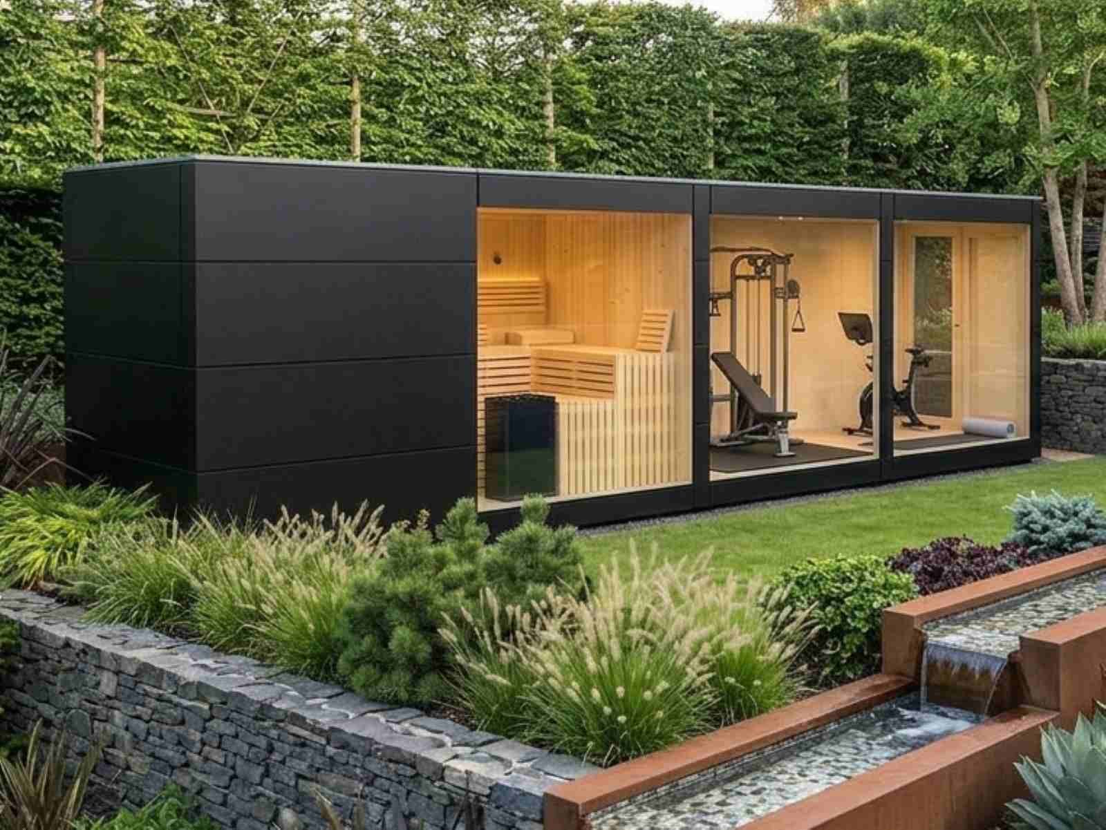 Gartensauna mit Dusche und Ruheraum kaufen modern mit Montage Cube verspiegelt HPL Saunahaus mit Vorraum Fitnessraum Gym Glasfront Panoramafenster Luxus Premium