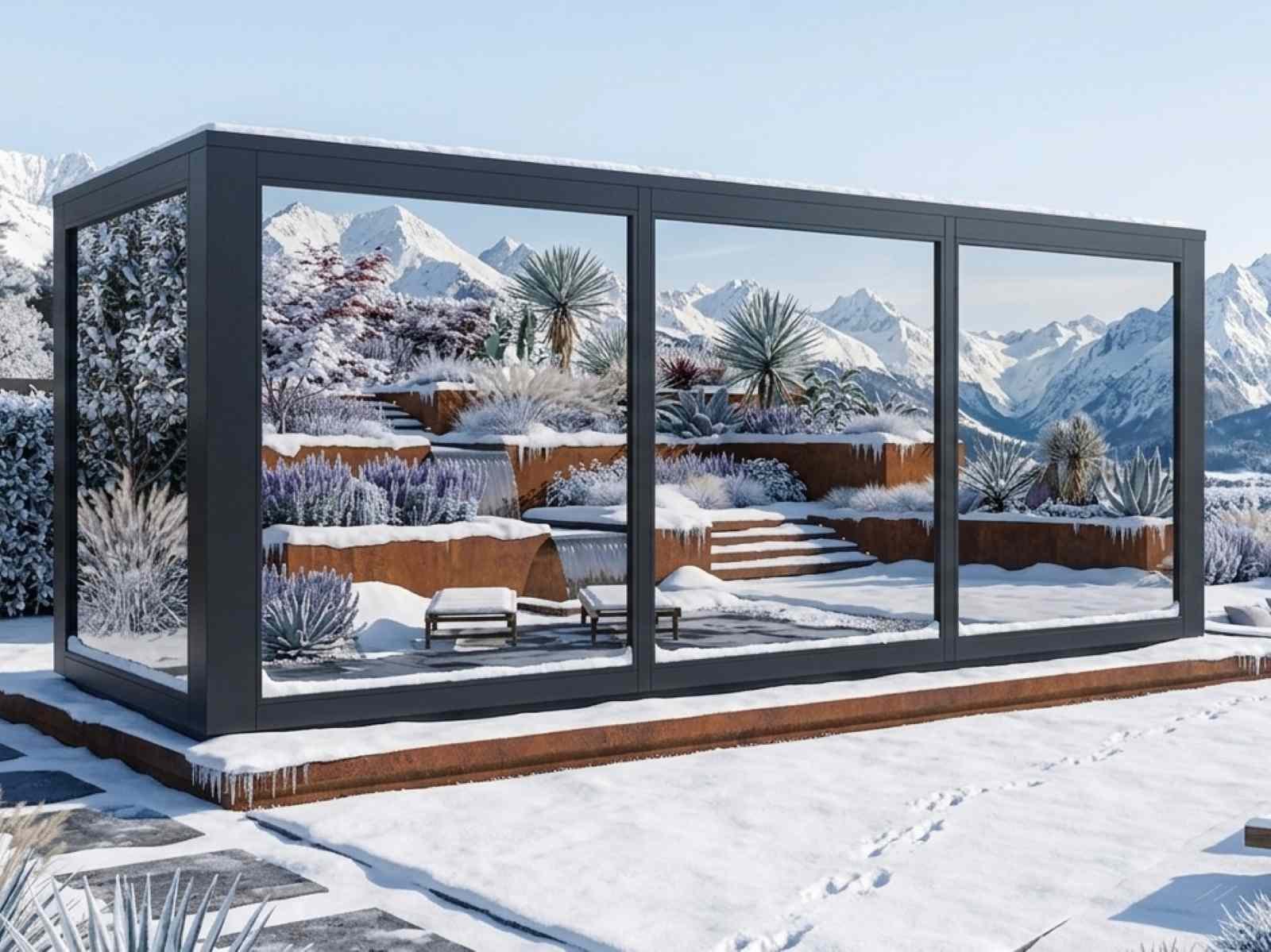 Gartensauna mit Dusche und Whirlpool kaufen Design modern mit Montage Cube verspiegelt HPL Saunahaus mit Vorraum Außensauna mit Holzofen Elektroofen Glasfront Panoramafenster Luxus Premium
