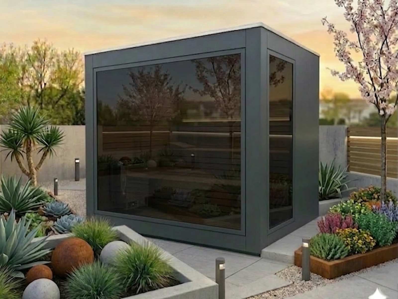 Gartensauna mit Holzofen für 2-4-6 Personen modern kaufen Cube Saunahaus mit Ruheraum Glasfront verspiegelt Sauna outdoor Design Spiegelglas luxus premium Kosten