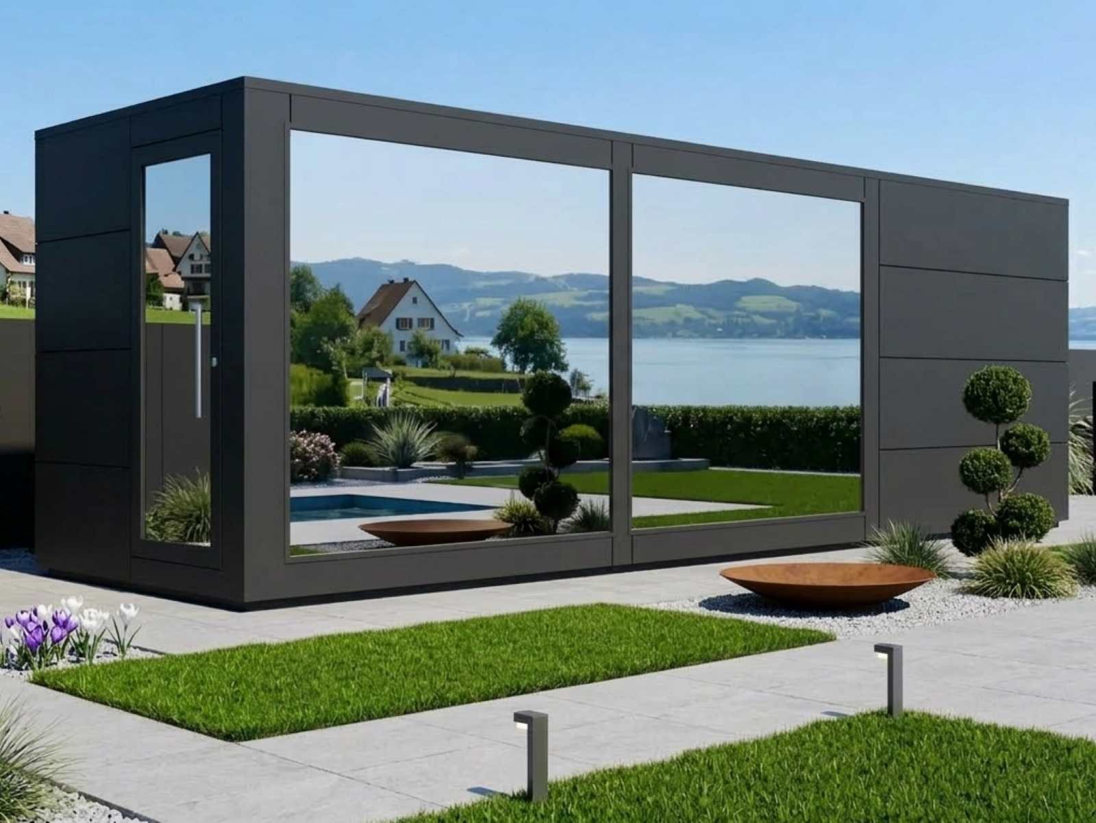 Gartensauna mit Holzofen und Vorraum für 2-4-6 Personen Design modern kaufen Cube Saunahaus mit Ruheraum Glasfront verspiegelt Sauna outdoor Spiegelglas luxus premium exklusiv